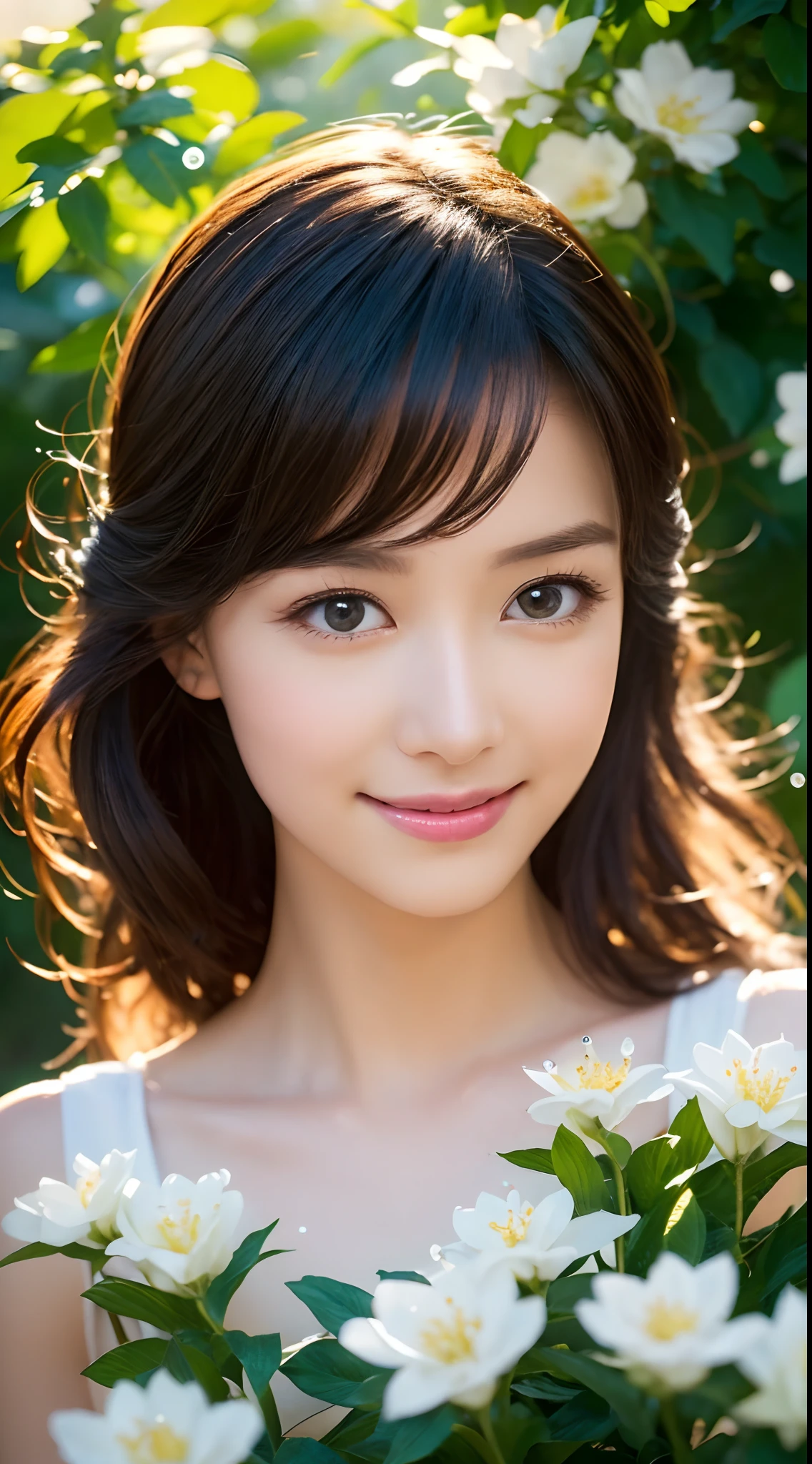 (Best quality,4K,A high resolution,Ultra-detailed,Realistic:1.37),Vivid colors,Sunlight,llight rays,bergamot,white blossoms,Beautiful girl,Exquisite features,Flowing hair,Serene expression,Garden setting,Elaborate dress,Soft sunlight,Gentle breeze,Cheerful ambiance,Backlit scene,a hint of smile,ethereal glowing,Fresh in the morning,Long shadows,harmony of nature,subtle reflections,Natural beauty,Twinkling dewdrops,Clear detail,serenity and calm,Sublime ingredients,Arrive at the branch,whispering leaves,Aromatherapy petals,with light glowing,Sparkling highlights,Subtle shadows,Soft focus,Sublime beauty,Whisper natural,Fantastical Atmosphere,Illuminated background.