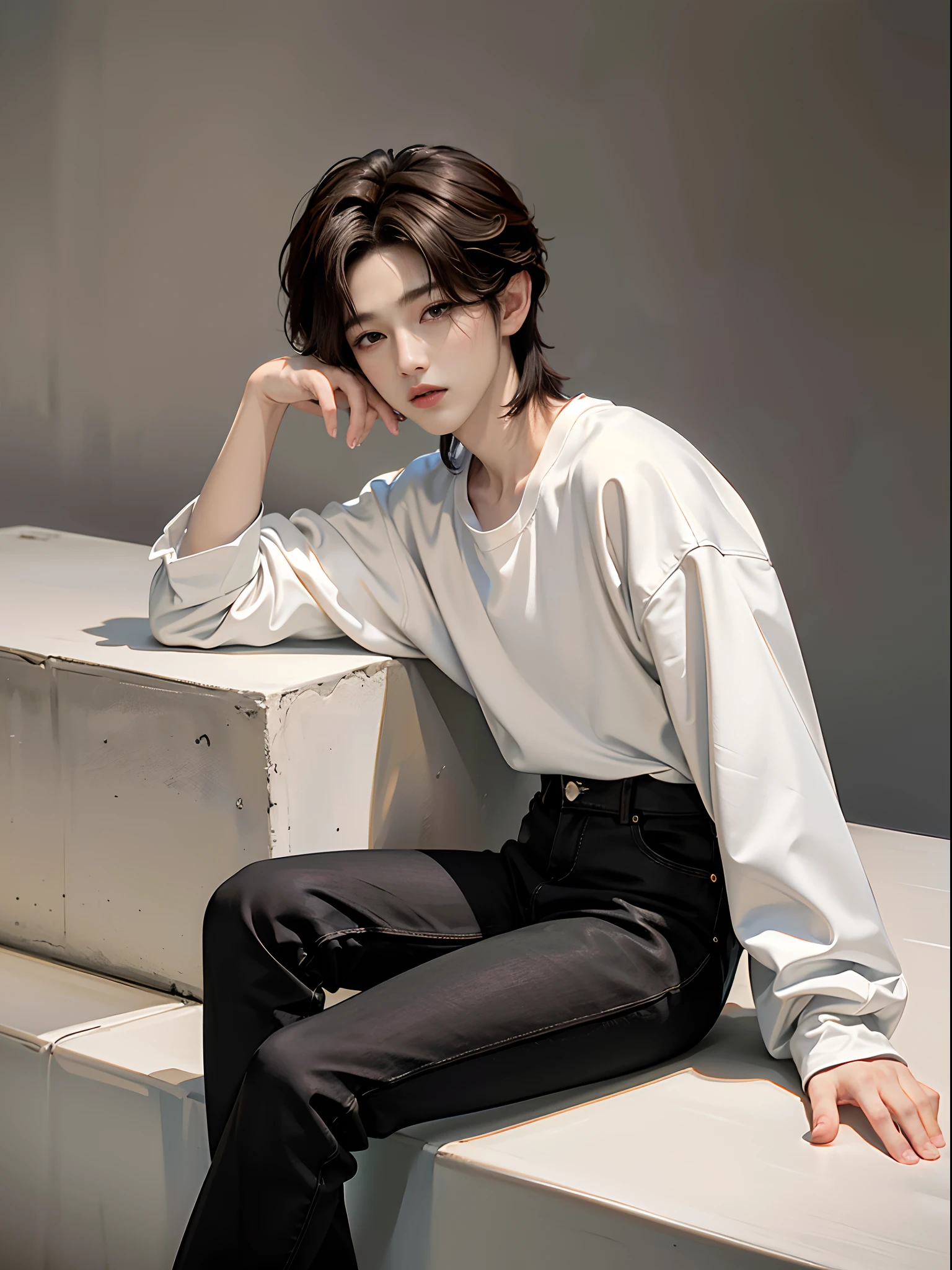 ​masterpiece、（top-quality)、((high-level image quality))、One Manly Boy、Slim body、((White Y-shirt and long black pants))、(Detailed beautiful eyes)、September Night Road、sitting on a curb、Face similar to Chaewon in Ruseraphim、((short hair above the ears))、((Smaller face))、((Neutral face))、((Light brown eyes))、((Korean boy))、((18year old))、((Handsome man))、((Wild look))、((Korean Makeup))、((elongated and sharp eyes))、((Sit next to the viewer))、((shot from a side angle))、((The upper part of the body))