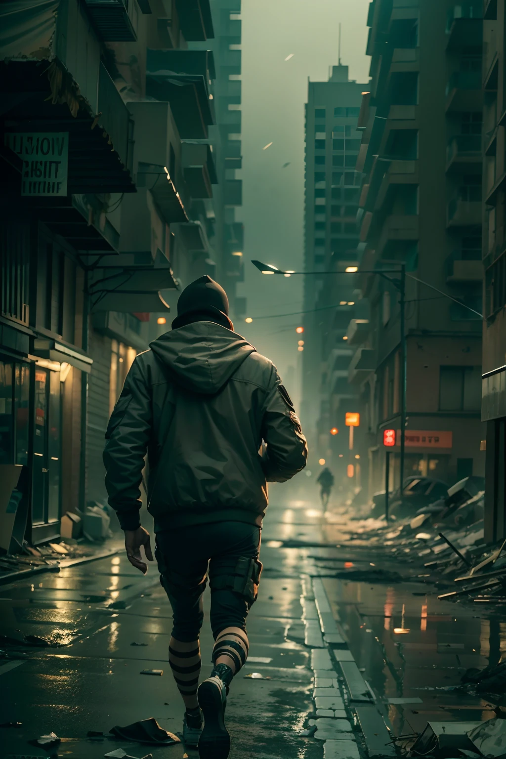 man from a far away view running through the city streets after an apocalypse, dark evening, dark and gloomy