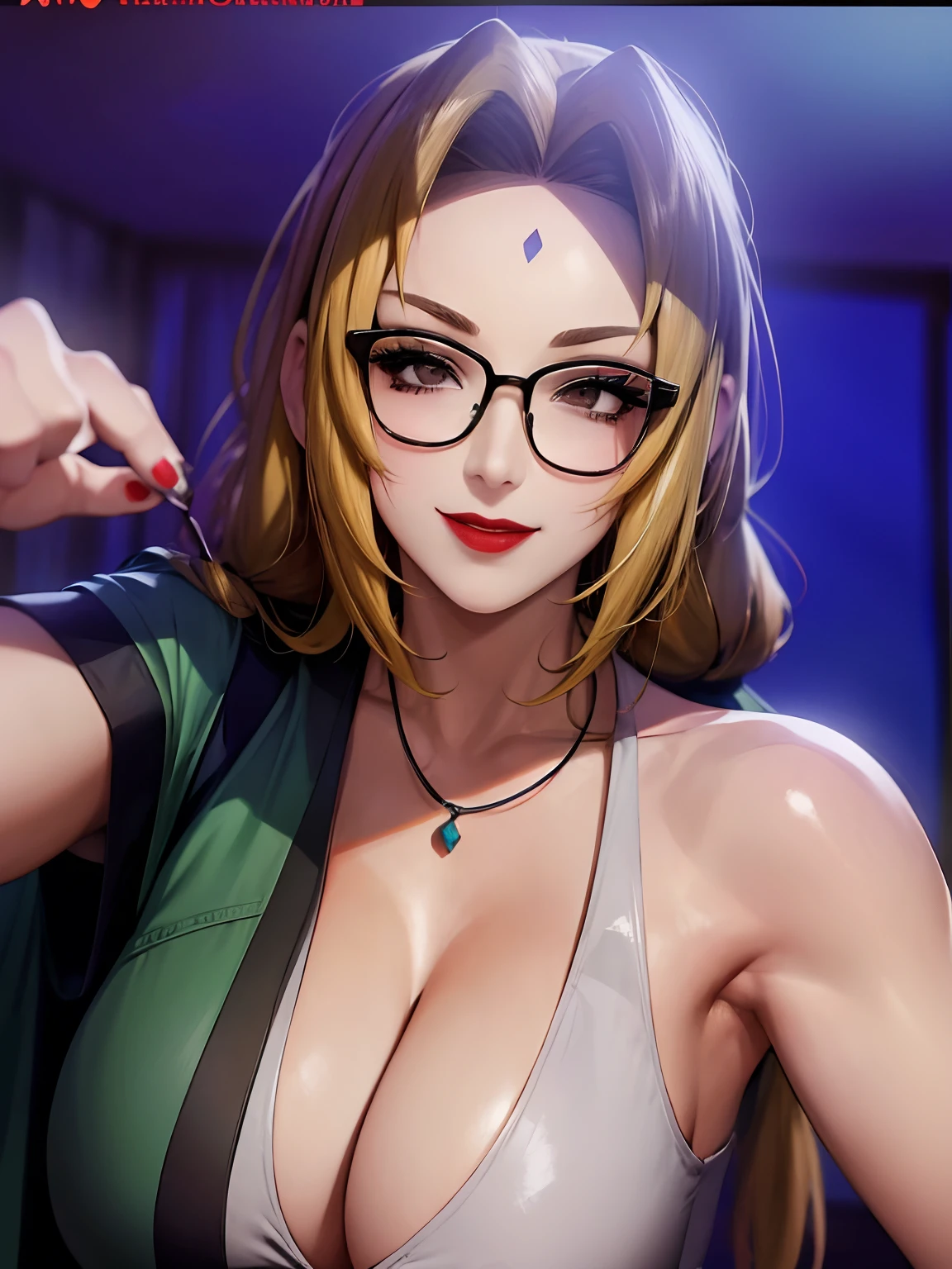 Girl, smile, red lips, glasses, big nose, big tits, long hair, yellow hair colors, wearing a necklace, white clothes colors, sexy body, selfie pose beautiful girl, in room, realistic