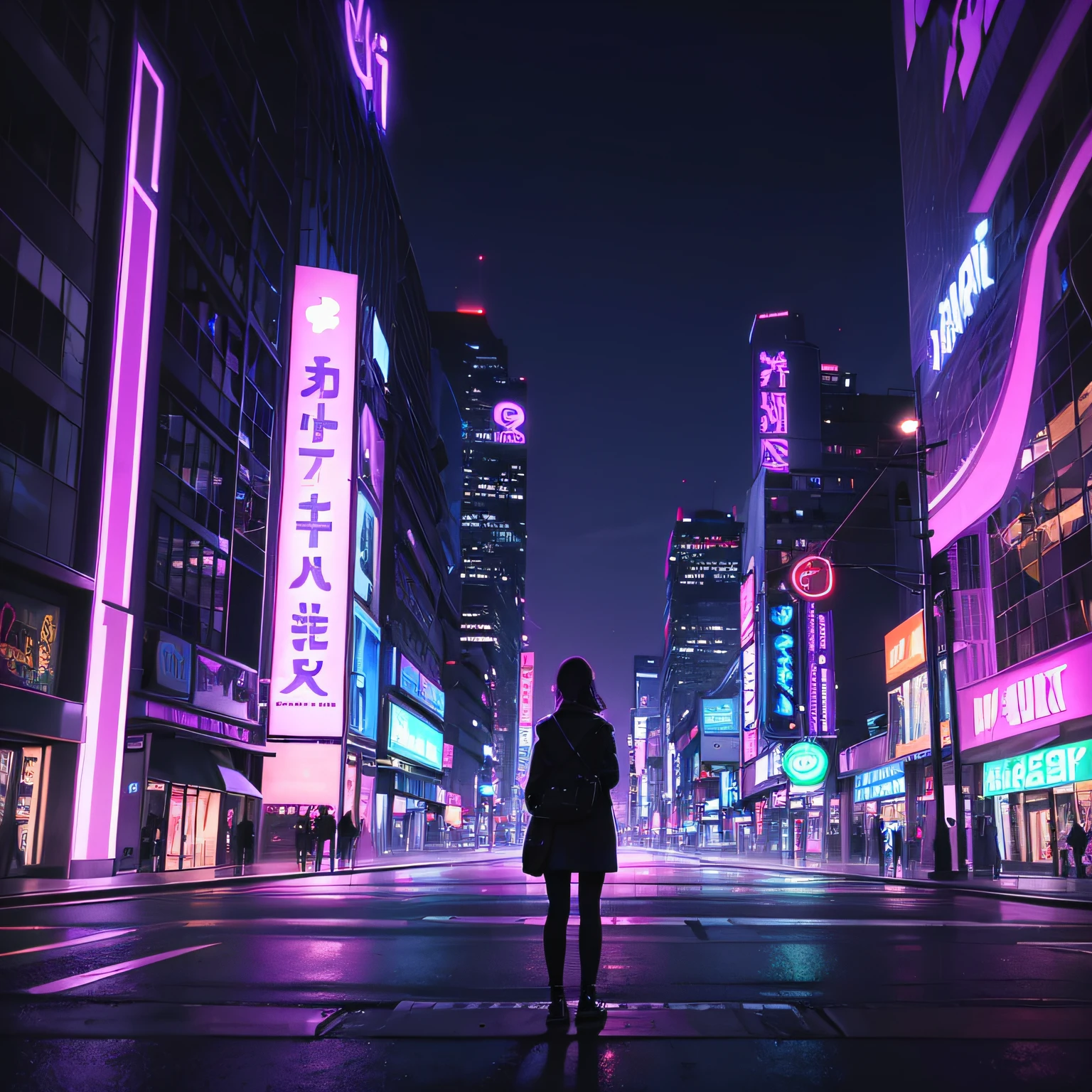 (best quality,4k,highres),ultra-detailed, violet neon lights, glowing signs, reflective surfaces, vibrant violet shades, empty streets, lonely figures, city skyline, sleek architecture, urban atmosphere, d ream-like, moody, nightmare city, urban decay, gritty, graffiti, abstract patterns, geometric shapes, blurry lights, shadows and highlights, contrast, depth of field, mysterious, nighttime glow, violet hues, violet colorful reflections, violet artificial lighting, violet lit windows, transportation lights, fast-paced, energy, metropolis, vibrant nightlife.