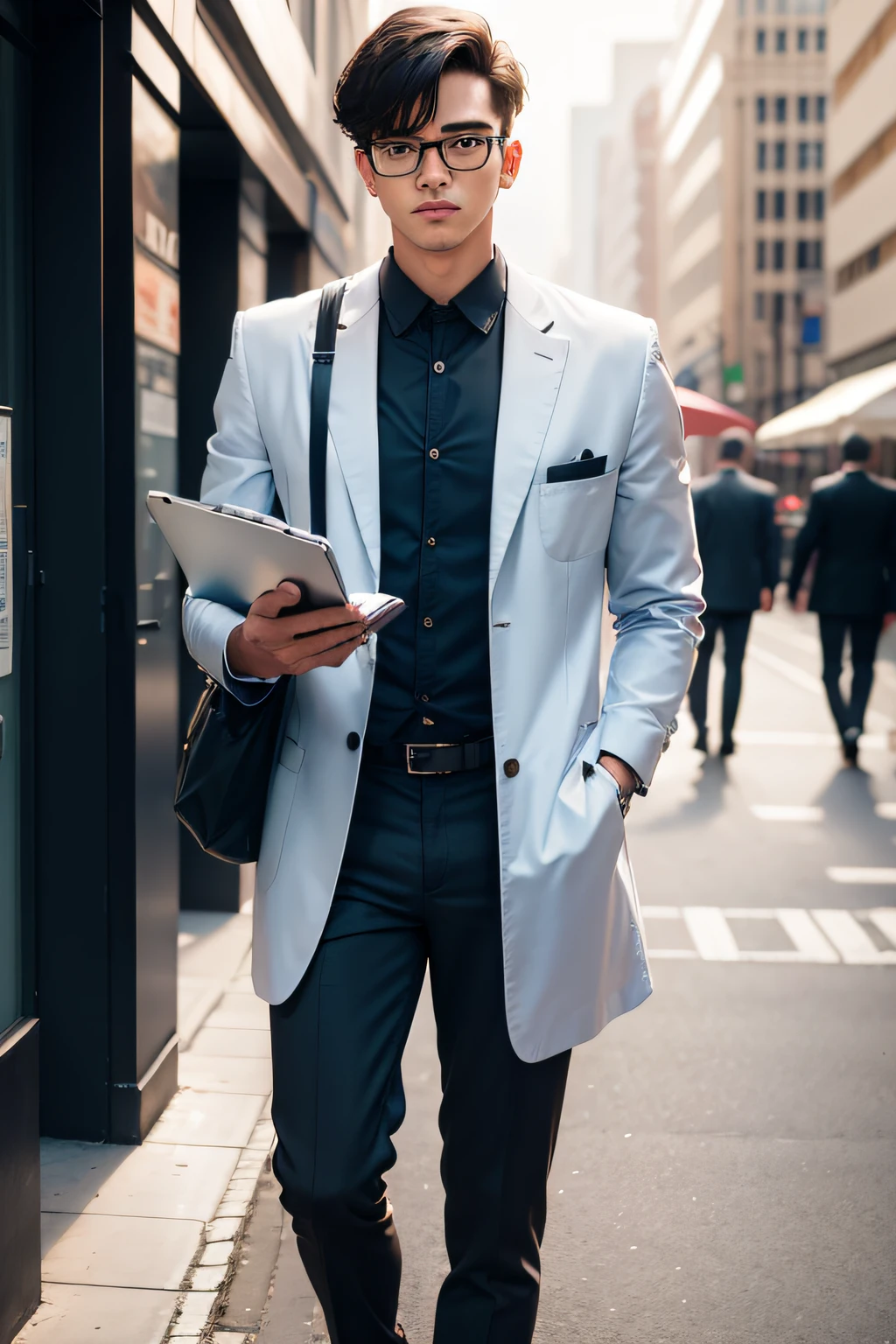 Man in social clothing standing with clipboard in hand