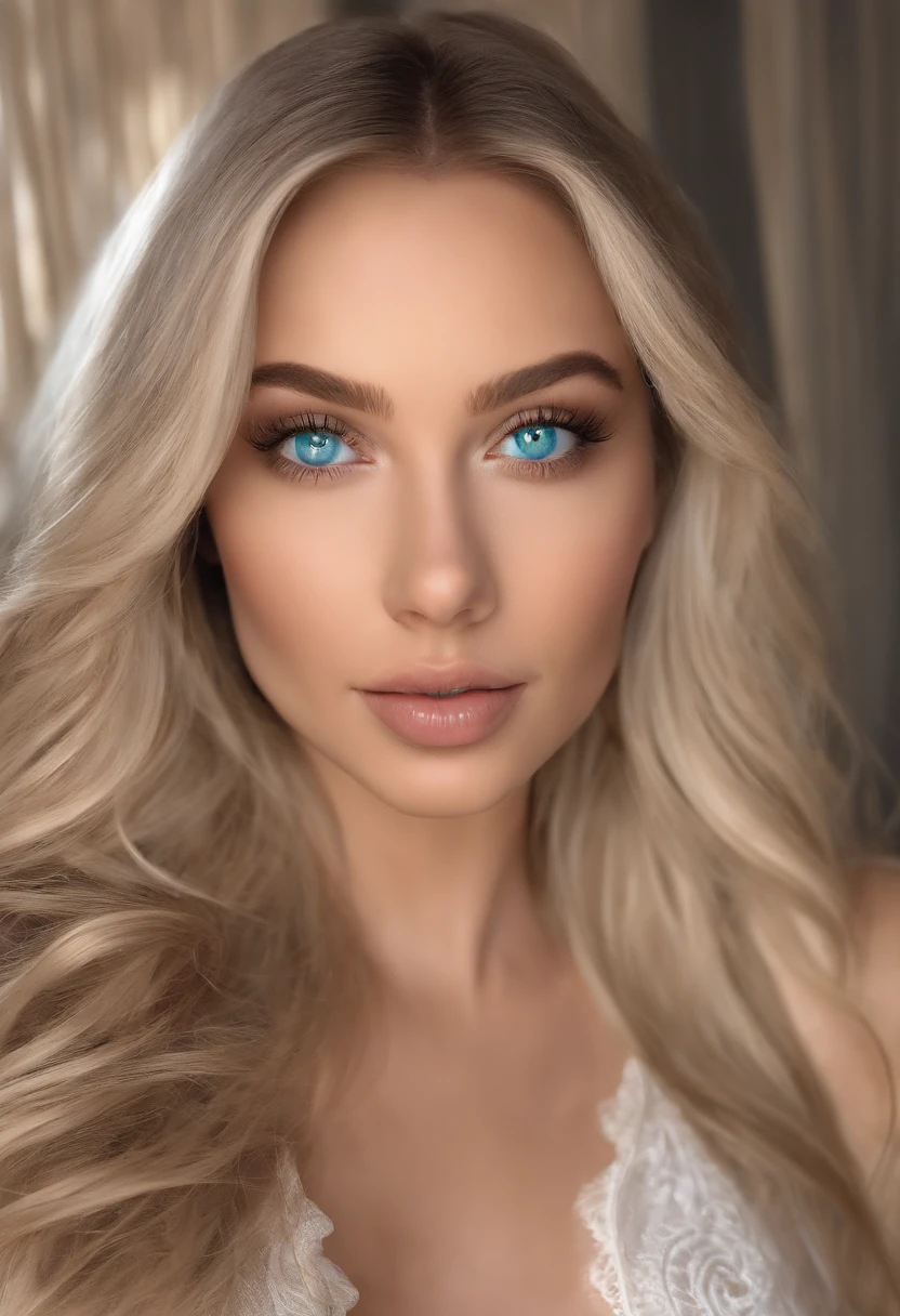 arafed woman fully , sexy girl with blue eyes, ultra realistic, meticulously detailed, portrait sophie mudd, blonde hair and large eyes, selfie of a young woman, bedroom eyes, violet myers, without makeup, natural makeup, looking directly at the camera, face with artgram, subtle makeup, stunning full body shot kneeling on bed, in bedroom, medium to large size bust, RAW UHD FORMAT (blue-green eyed woman), Hair!, glistering. highly detailed glossy eyes (looking at camera), detailed skin pores, suntan, complex eye details