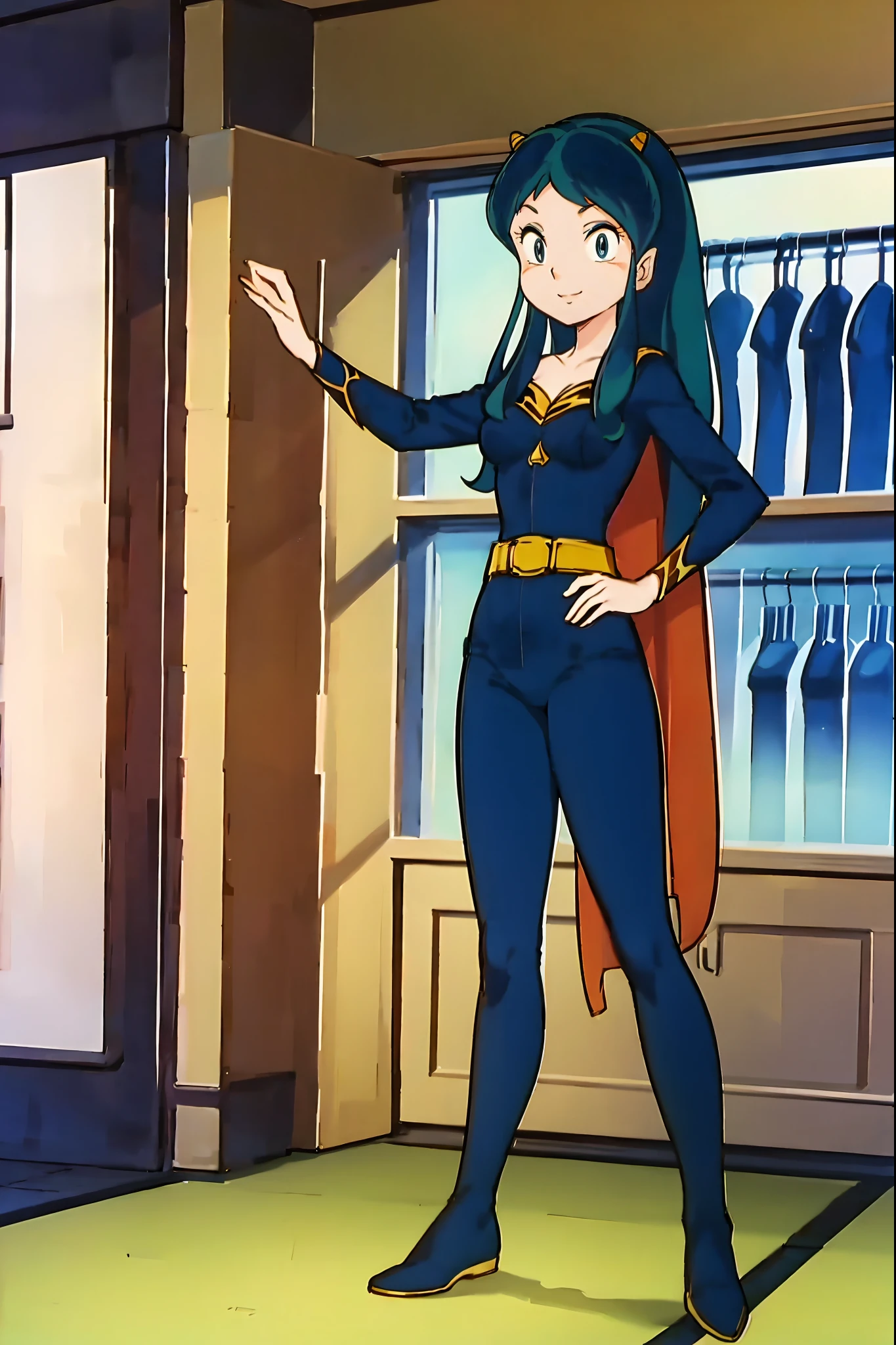 lum, superhero costume,, standing,, boots, oni, smile,, full body, sentai, pants, horns