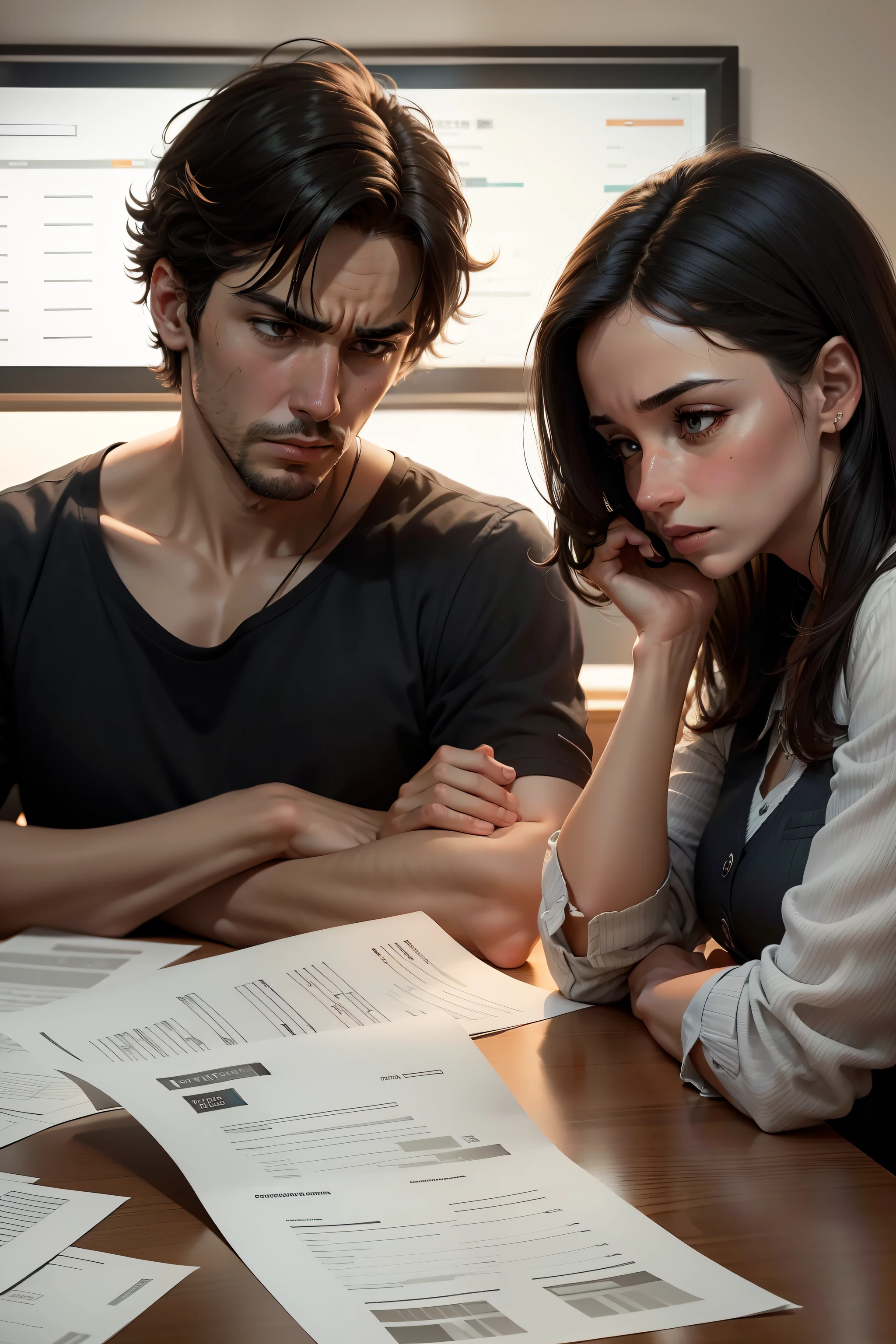 Um casal sentado em um ambiente calmo e intimista, Facing the challenge of dealing with financial debts. Both are serious and reflective, aware of the responsibility they have at hand. The lighting is soft, creating a welcoming atmosphere that encourages open and honest communication.
At the table in front of them, there are papers and documents related to debts, indicating that they are organizing and evaluating their financial obligations. Eles seguram canetas e calculadoras, showing that they are working together to find solutions and draw up a plan to pay off debts.
The atmosphere is comforting, with elements that inspire trust and mutual support. The physical proximity of the couple denotes union and partnership, while their expressions reflect determination to overcome this challenge.
The scene is represented in a photographic style, Using a professional camera with 50mm lens to capture the sharpness of emotional details and documents on the desk. The image is carefully framed, emphasizing the connection between the couple during this time of coping with debts.
This depiction of the couple dealing with debt conveys the message that they are facing this challenge in a mature and responsible way. The image emphasizes the importance of open communication and mutual support in this process, mostrando que, juntos, are determined to overcome this difficult phase and build a more stable and secure financial future.