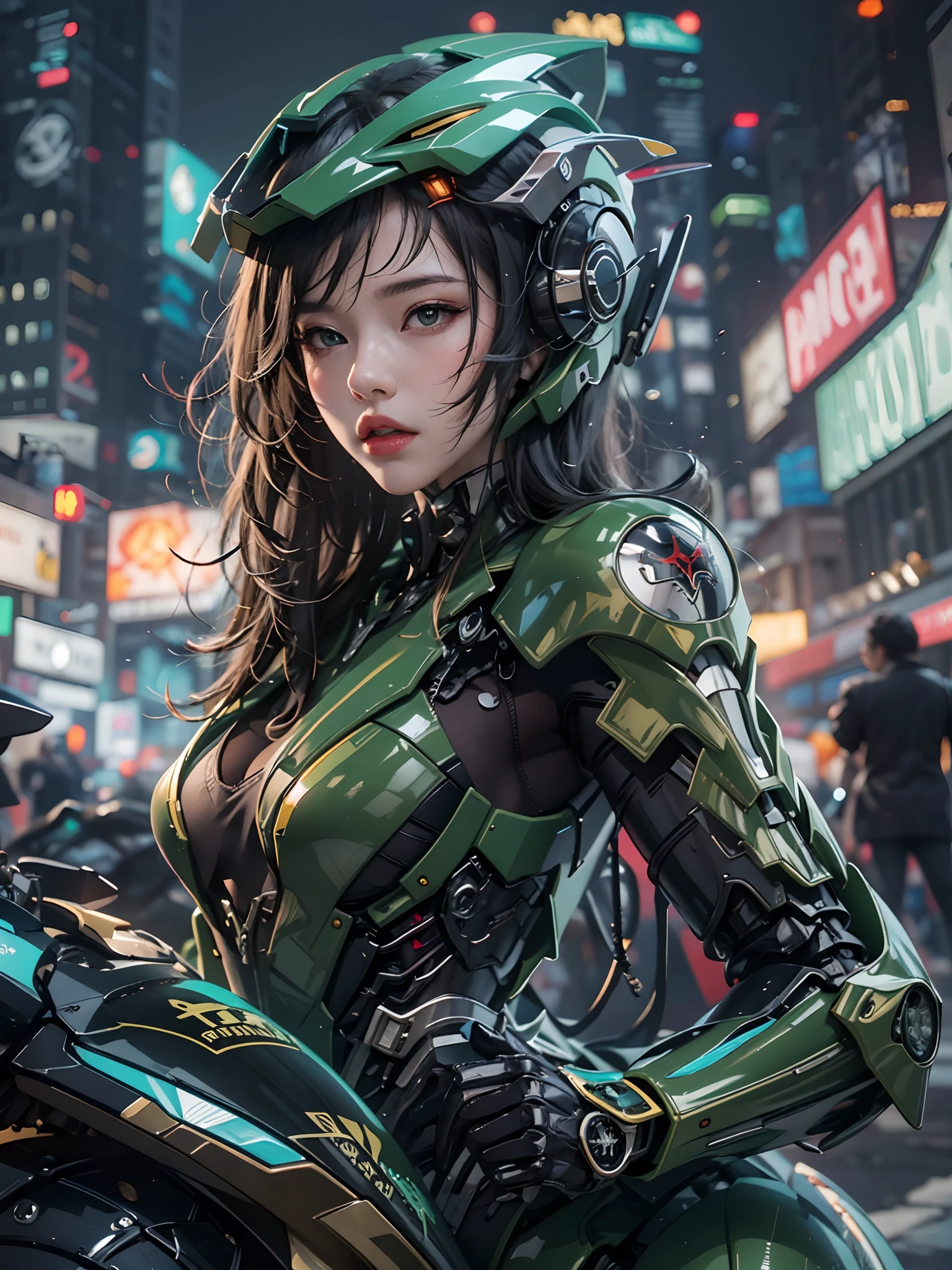 Highest image quality, outstanding details, ultra-high resolution, (realism: 1.4), the best illustration, favor details, highly condensed 1girl, with a delicate and beautiful face, dressed in a black and green mecha, wearing a mecha helmet, holding a directional controller, riding on a motorcycle, the background is a high-tech lighting scene of the future city.