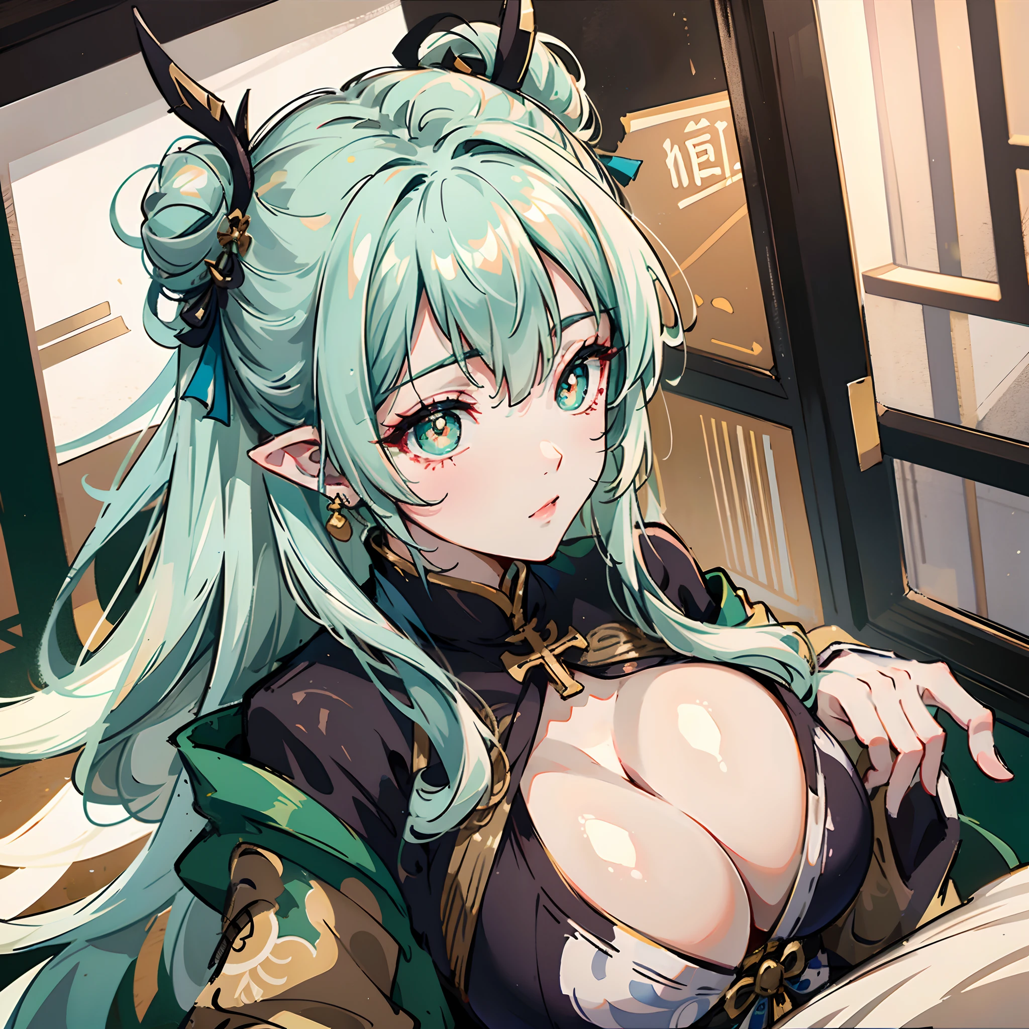 2.0) Lori huge breasts cleavage，white color hair，Bun head，on cheongsam，Genshin character，pointy ears，green-eyed，cross-shaped pupils，Genshin Nasita。