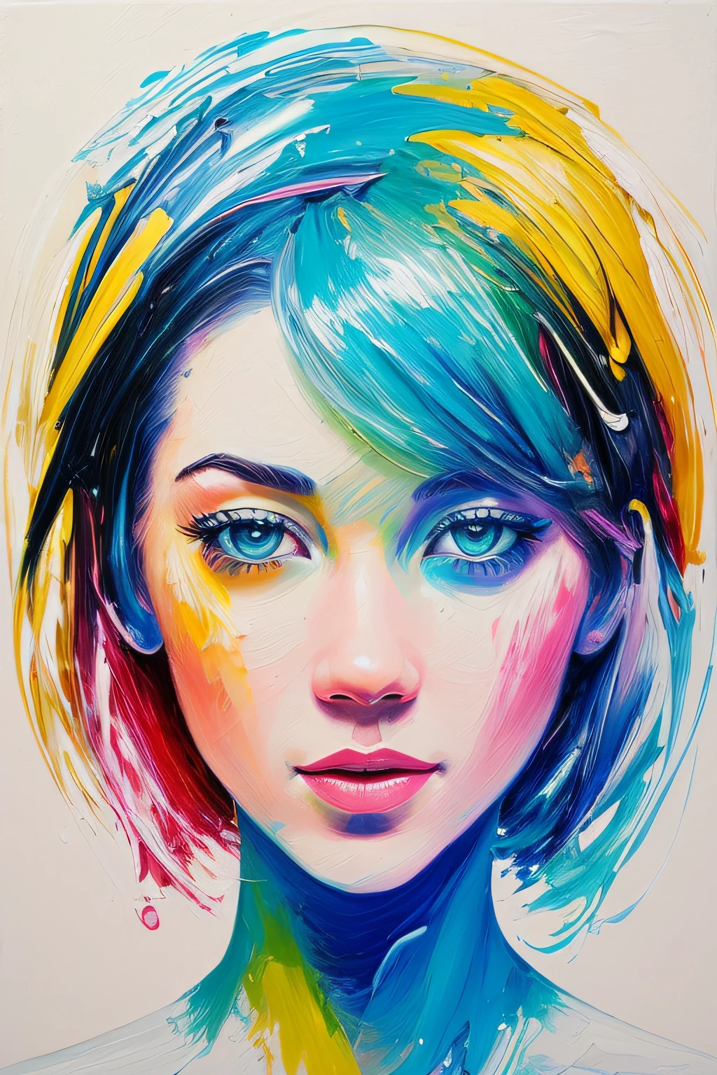beautiful colorful abstract painting, Jennifer Connely and Mary Elizabeth Winstead with all bodies BODYPAINTEDwho kiss each others, visible paint grain and texture, with alternating brushstrokes, WITH DIFFERENT BRUSHING TECHNIQUES, DIFFERENT PAINTING TECHNIQUES, visible paint texture, modern, loft painting, very stylish, high definition, 16k, with many colors, orange, pink, yellow, red, blue, white, light blue, light green, acid green, ultra detailed, real visible brush strokes, modern art, masterpiece,