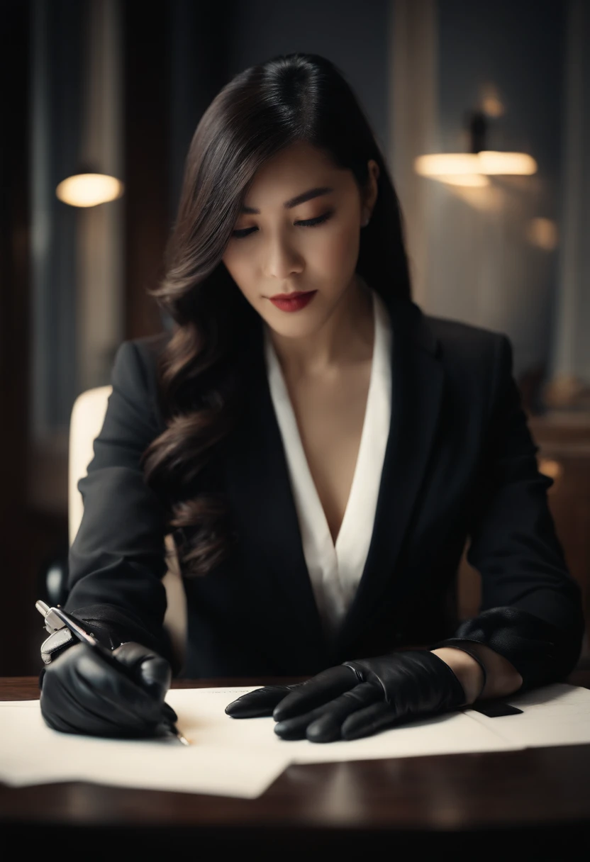 Wearing black leather gloves on both hands, Upper body, Black business suit, Facing a desk in a modern study in the dark, Look down and smile, Use a fountain pen to write a letter, long, Straight black hair, Young japanese lady (Black leather gloves cover both hands)