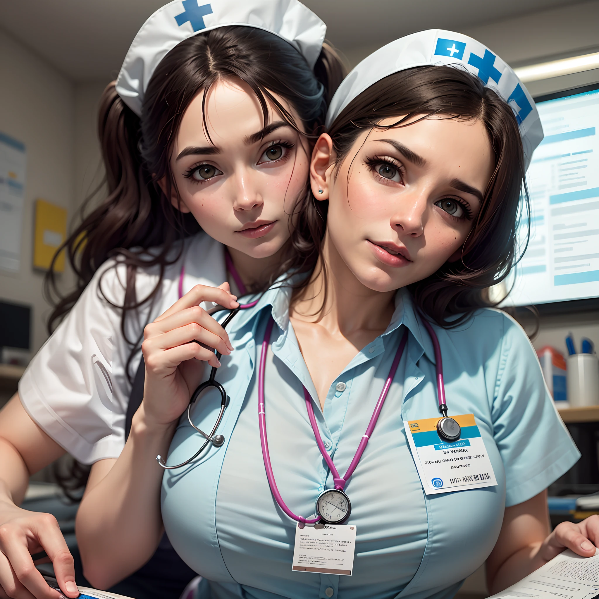 ((masterpiece)),(((best quality))),((character design sheet)),((rough sketch)),((vulgar)),(magazin cover)thick thighs,african girl,smile,((between breasts)),pussy juice,((wearing an Wet sexual nurse uniforms and nurse cap)),shirt harf lift,milking