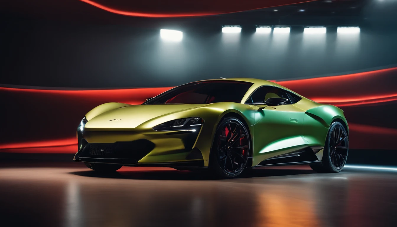 Generate a static shot of a sleek sports car in a well-lit studio.