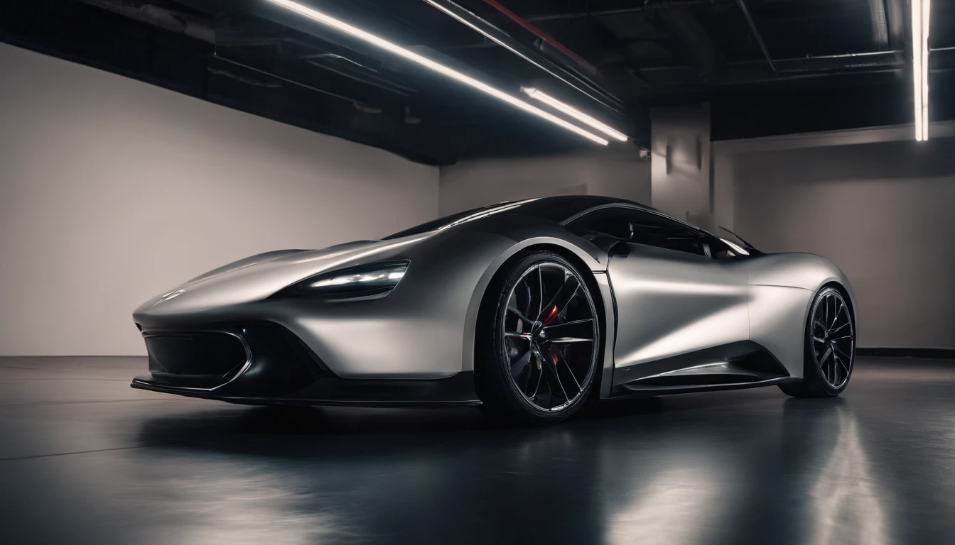 Generate a static shot of a sleek sports car in a well-lit studio.