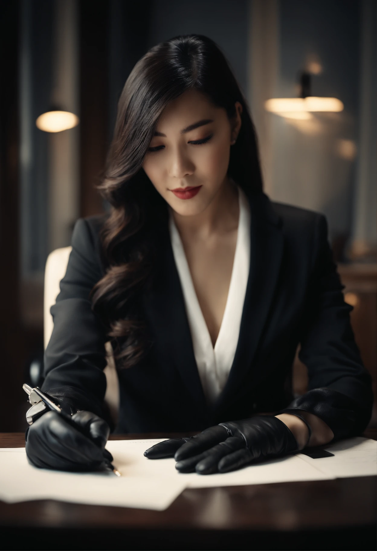 Wearing black leather gloves on both hands, Upper body, Black business suit, Facing a desk in a modern study in the dark, Look down and smile, Use a fountain pen to write a letter, long, Straight black hair, Young japanese lady (Black leather gloves cover both hands)