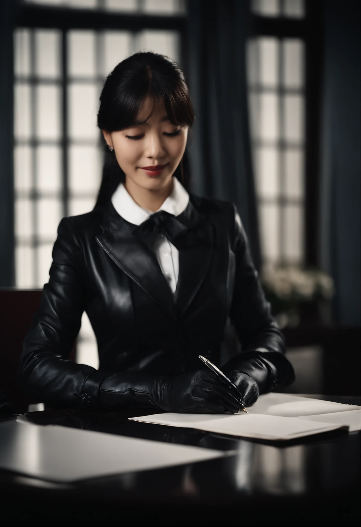 Wearing black leather gloves on both hands, Upper body, Black business suit, Facing a desk in a modern study in the dark, Look down and smile, Use a fountain pen to write a letter, long, Straight black hair, Young japanese lady (Black leather gloves cover both hands)