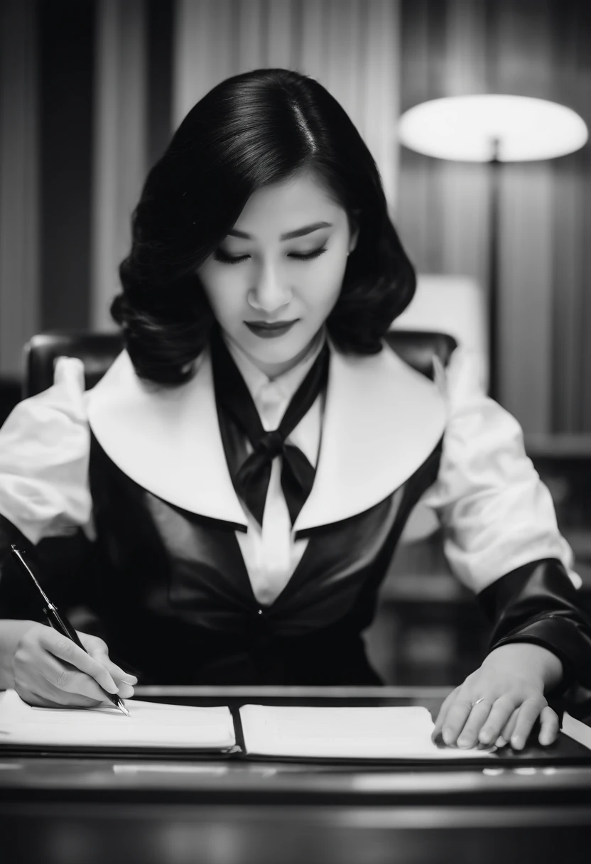 Wearing black leather gloves on both hands, Upper body, Black business suit, Facing a desk in a modern study in the dark, Look down and smile, Use a fountain pen to write a letter, long, Straight black hair, Young japanese lady (Black leather gloves cover both hands)