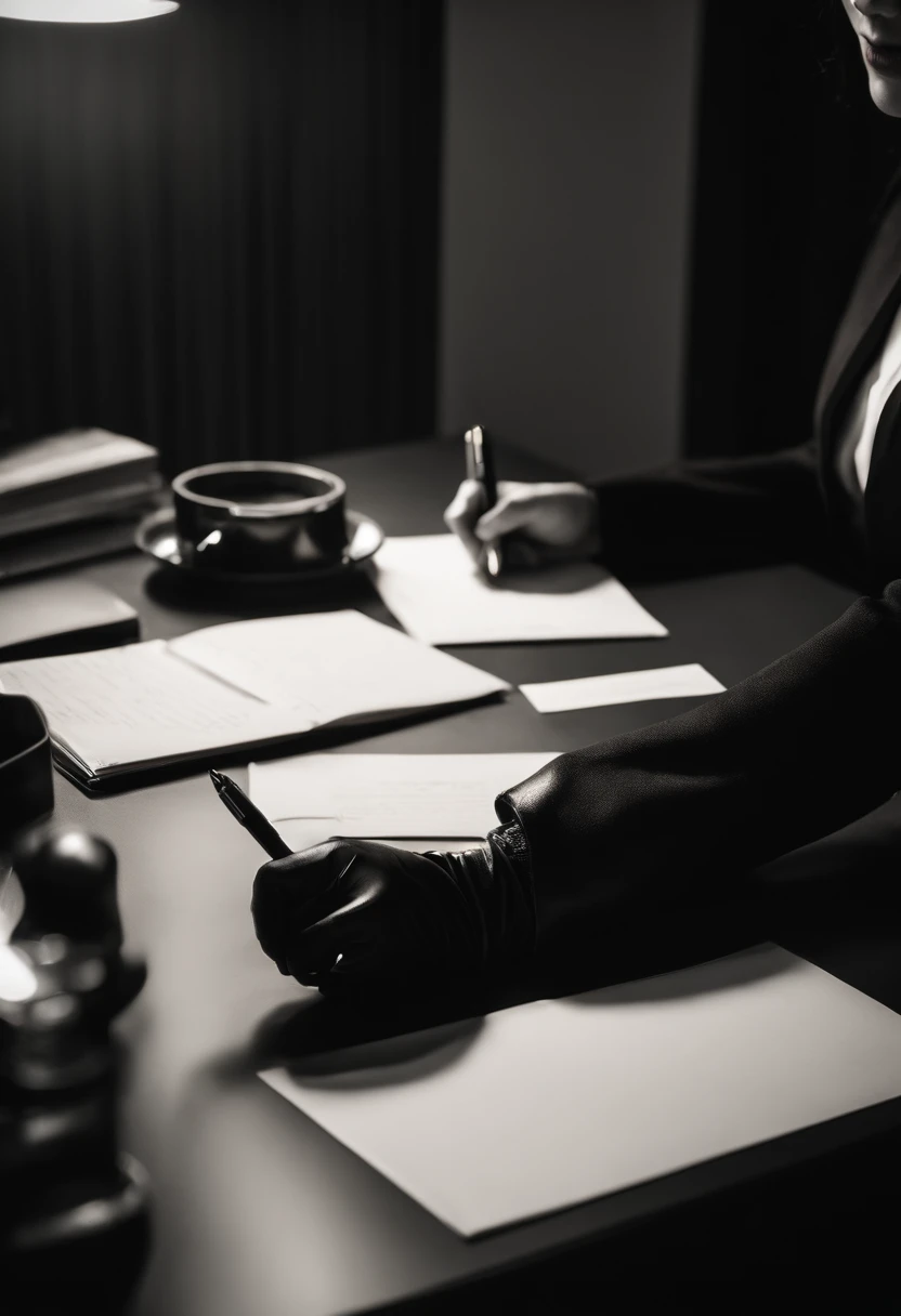 Wearing black leather gloves on both hands, Upper body, Black business suit, Facing a desk in a modern study in the dark, Look down and smile, Use a fountain pen to write a letter, long, Straight black hair, Young japanese lady (Black leather gloves cover both hands)