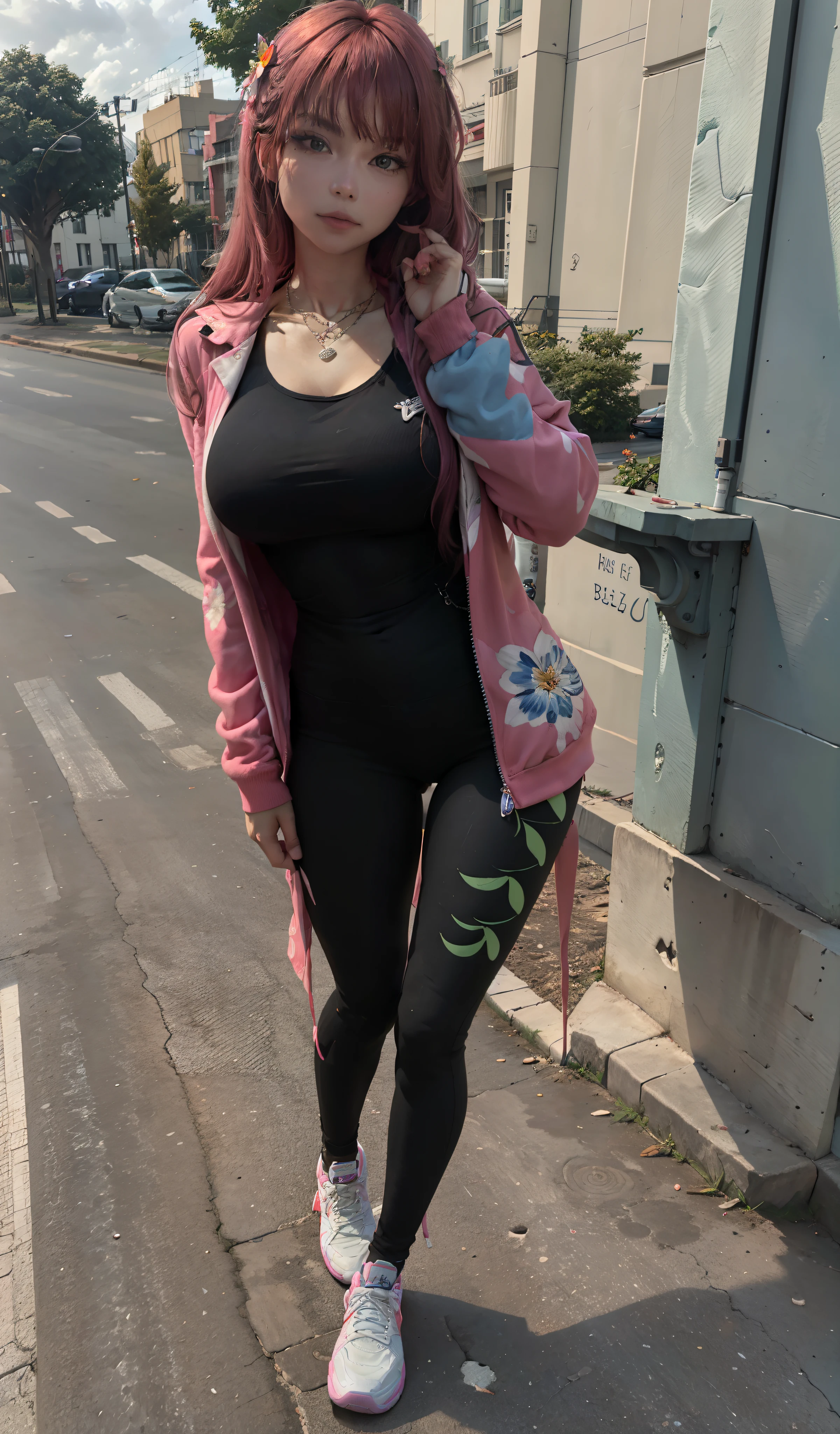 4k, realistic, carismatic, very detail, there is a girl in park , she is a citizen, legging many pocket, colorfull theme, beautiful hair, 25 years old, full body, wearing nike shoes, necklace, wearing many bracelet, holding flower