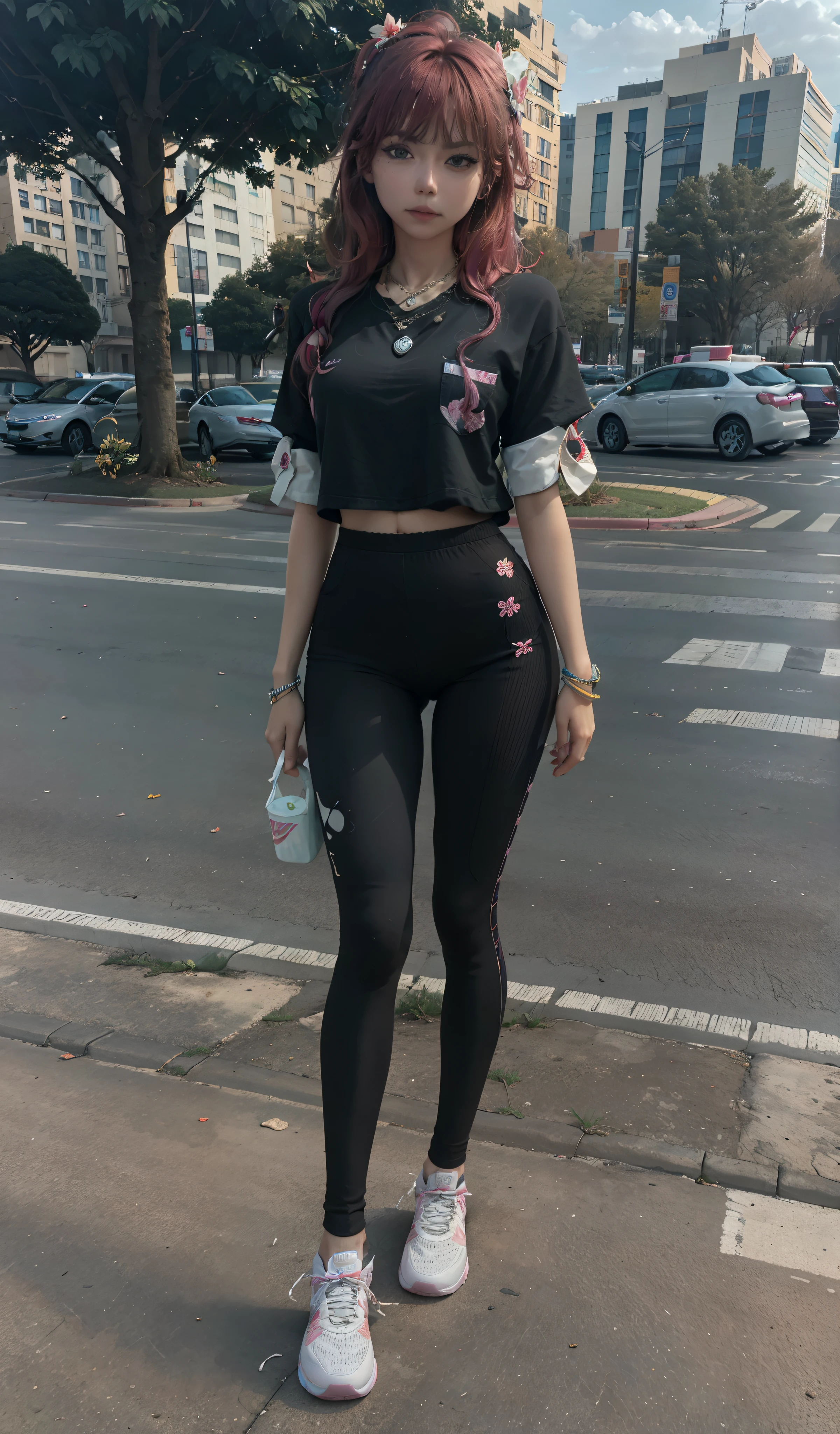4k, realistic, carismatic, very detail, there is a girl in park , she is a citizen, legging many pocket, colorfull theme, beautiful hair, 25 years old, full body, wearing nike shoes, necklace, wearing many bracelet, holding flower