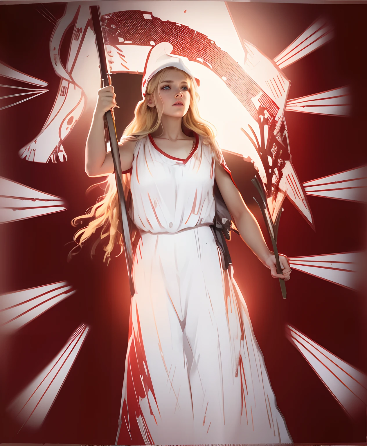 (best quality,realistic),woman standing,white-red-white Belarusian flag,looks up proudly, blonde hair,blue eyes,little glowing effect,