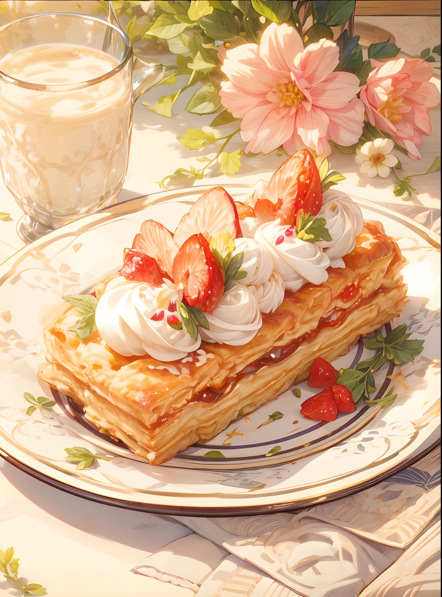 **Beautiful pie, close-up, royal tableware, decorated with flowers, no background,ACGN, American comics, exaggerated and detailed, HD, best quality,8k,