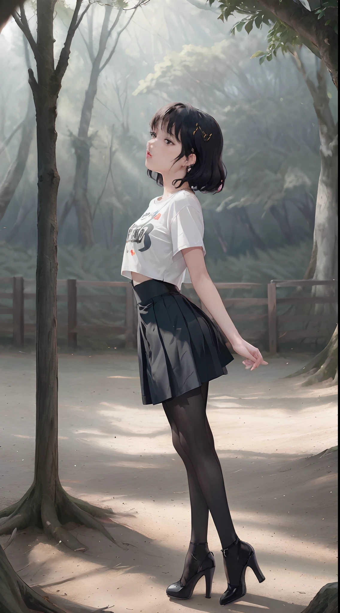 ((Lisa from Blackpink)), t-shirt, tiny pleated skirt, waist-high black tights, high heels, face close-up, very fair skin, short hair, wavy hair, camp, forest, photorealistic, indirect lighting, volumetric light, ray tracing, hyperdetailed, best quality, high resolution, HDR, 8k