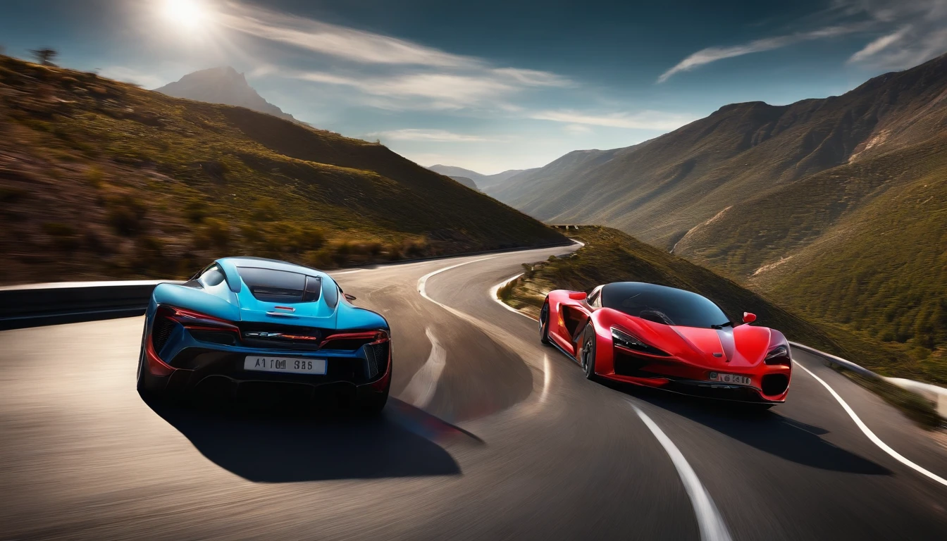 Generate an image of a sports car racing down a winding mountain road, captured from a low-angle side view.