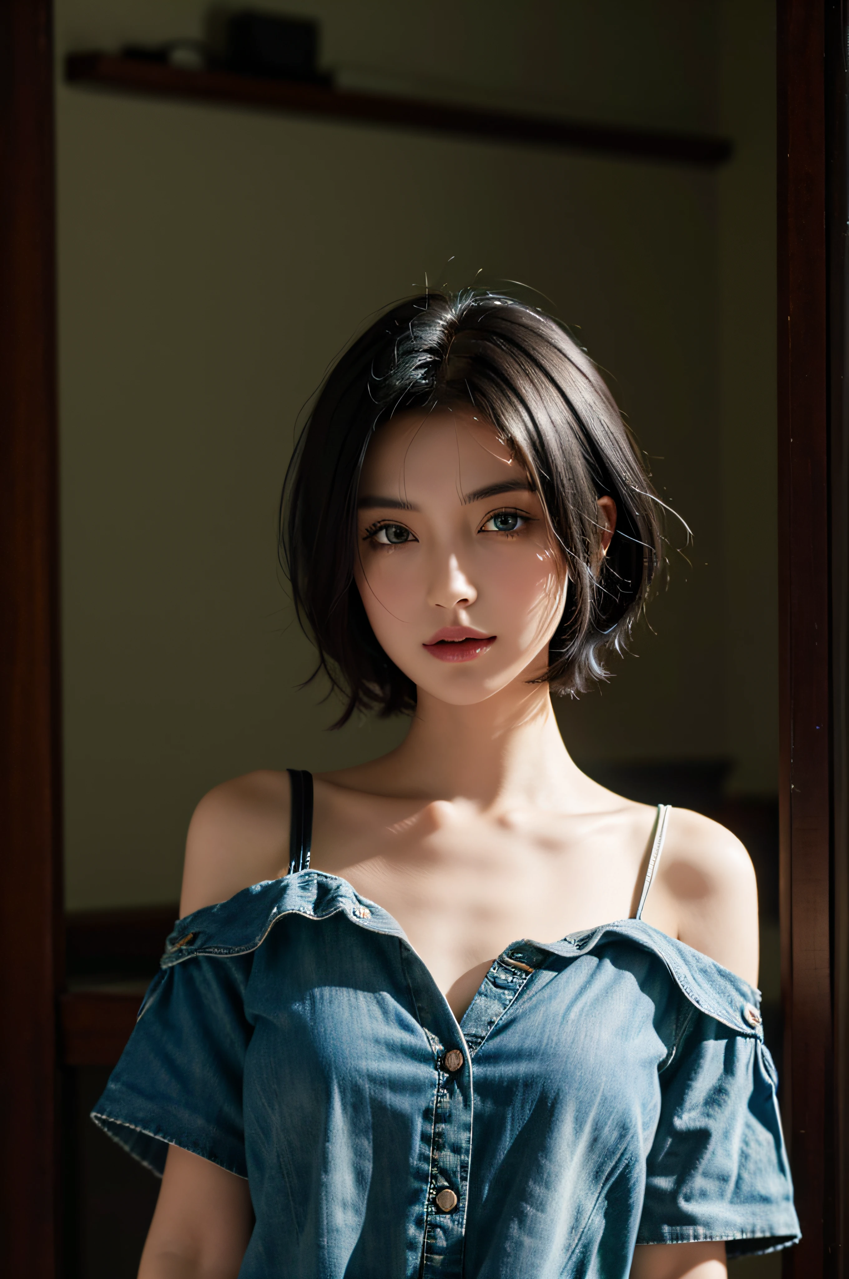 1 girl, short black hair, green eyes, denim short and an open shirt, high res, ultrasharp, 8k, masteerpiece, looking at vieewer