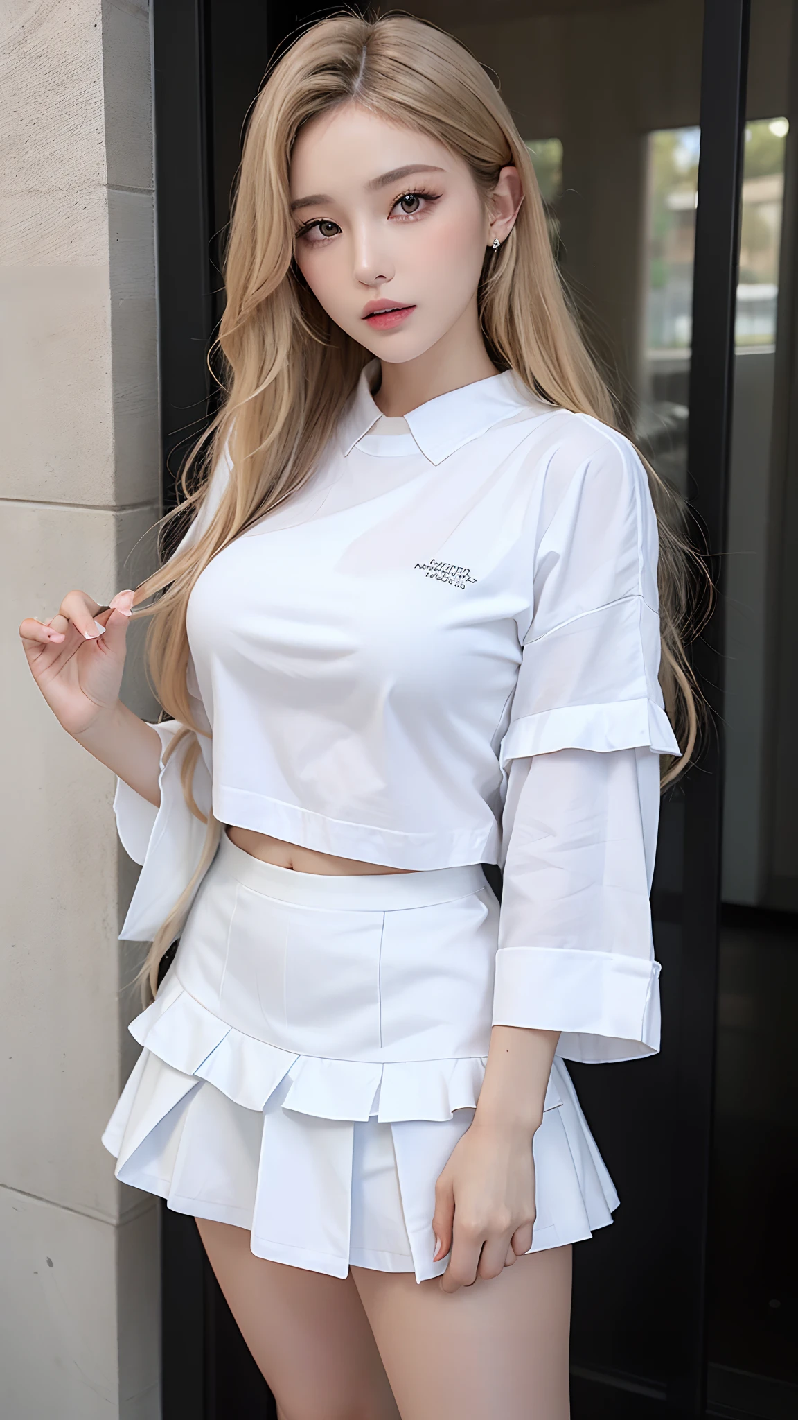 ((Best quality, 8k, Masterpiece :1.3)), Sharp focus :1.2, A pretty woman with perfect figure :1.4, Slender abs :1.3, Raw photography、超A high resolution, full body, fair white skin、shiny white skin、(wavy blonde hair)、dark brown hair、super fine eyes, super fine hand, super fine finger、Beautiful eyes with random colors、very thin lips, finely detail、elongated eyes、pale pink blush、long eyeslashes、Beautiful double eyelid、Lighting that emphasizes beautiful skin、Lustrous skin 2, ((Layered long hair, Big breasts :1.2)), Open shirt show , (detailed transparent clothing), (see throught), ((detailed White tight shirt )), ((detailed face )), ((detailed tight short skirt), water shower, luxury office :1.4, Highly detailed face and skin texture, Detailed eyes, Double eyelid