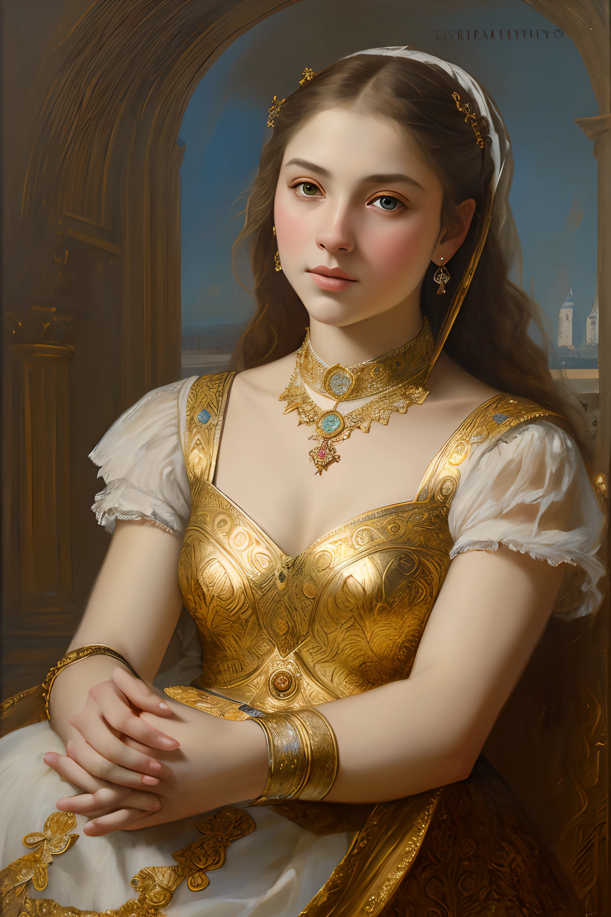 Masterpiece, portrait, girl, middle ages, classicism, andrey atroshenko style, painting, traditional media, realistic, figurative, fine art, oil on canvas, HDR, 8K, original character, high resolution, high detail, focus on the face, intricate, flawless