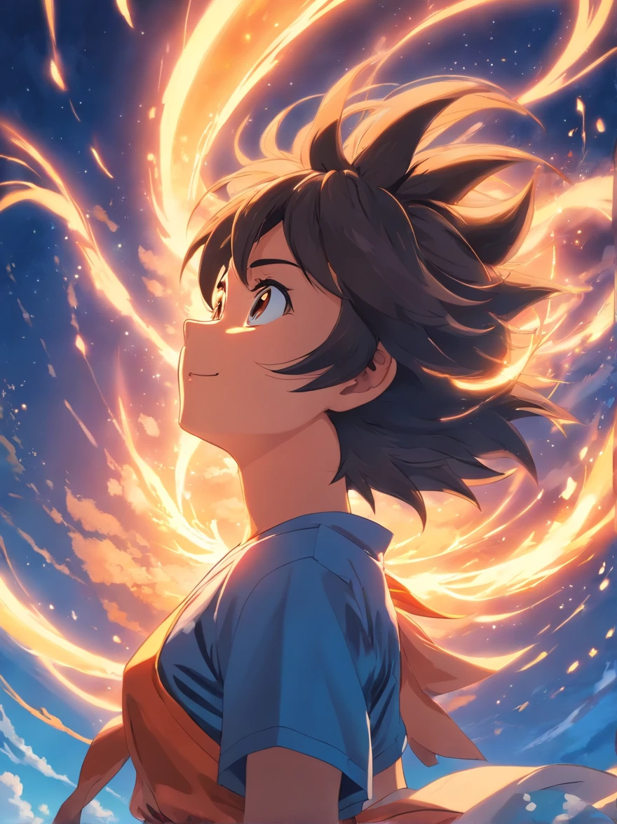 goku,masterpiece, best quality, movie still, 1girl, cloud girl, floating in the sky, close-up, bright, happy, warm soft lighting, sunset, (sparks:0.7)