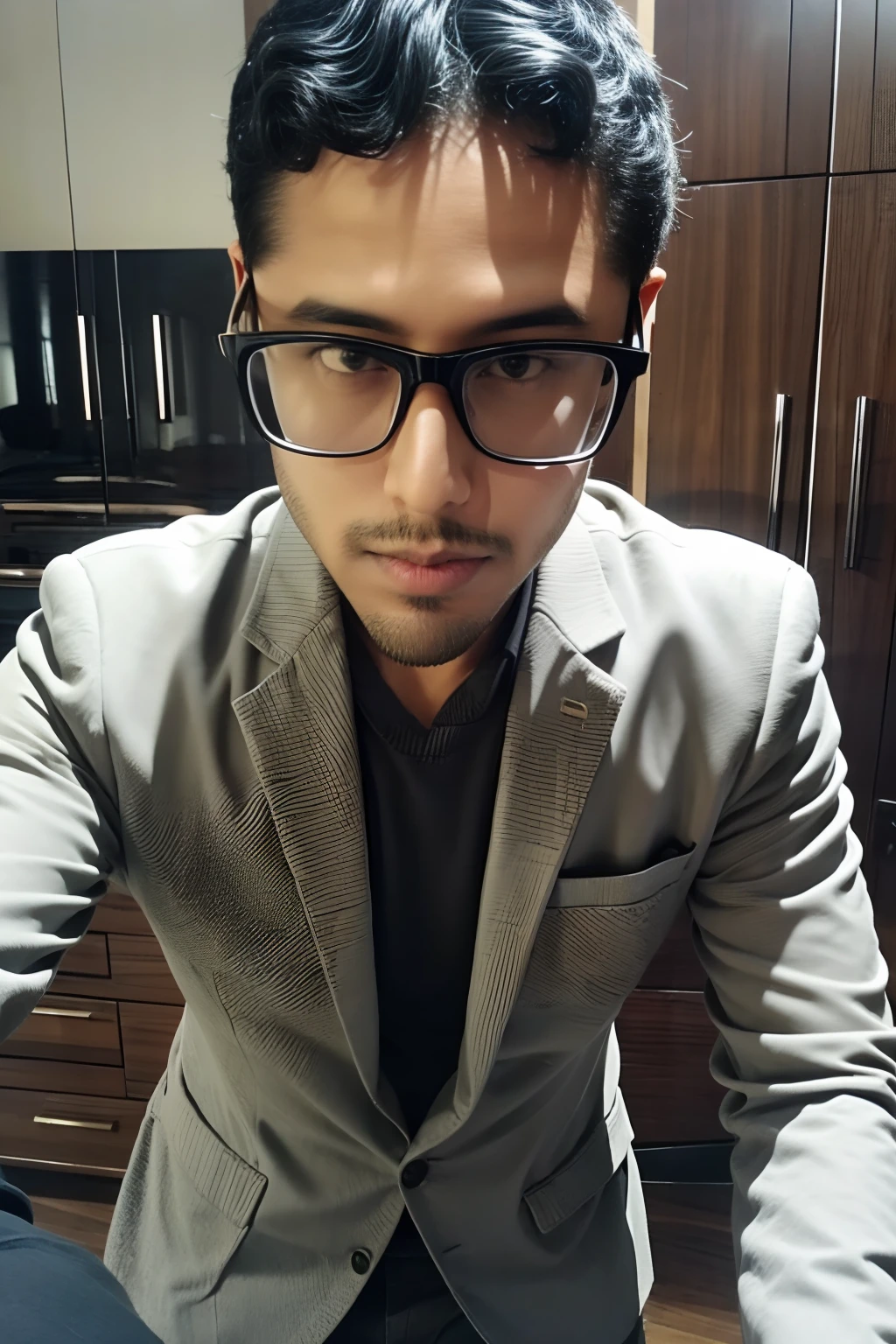 Un joven，guapo，bien musculoso，cuerpo peludo，white sock，Medias ultrafinas（ojos detallados：1.3），Desnudo en topless，Desnudez en todas partes，ojos negros，bulto masivo，Pelos negros que sobresalen de la protuberancia,cuerpo completo Esbian，Personaje sentado en una silla con los brazos levantados, Cabello OSCURO (Cabello hasta el cuello atado en una cola de caballo,), Buena pose, Hombre guapo, cara bonita, Pose real elegante, empresario, (En un blazer a rayas), (The surrounding environment is a luxurious and classic living room) (Images of sand tones)