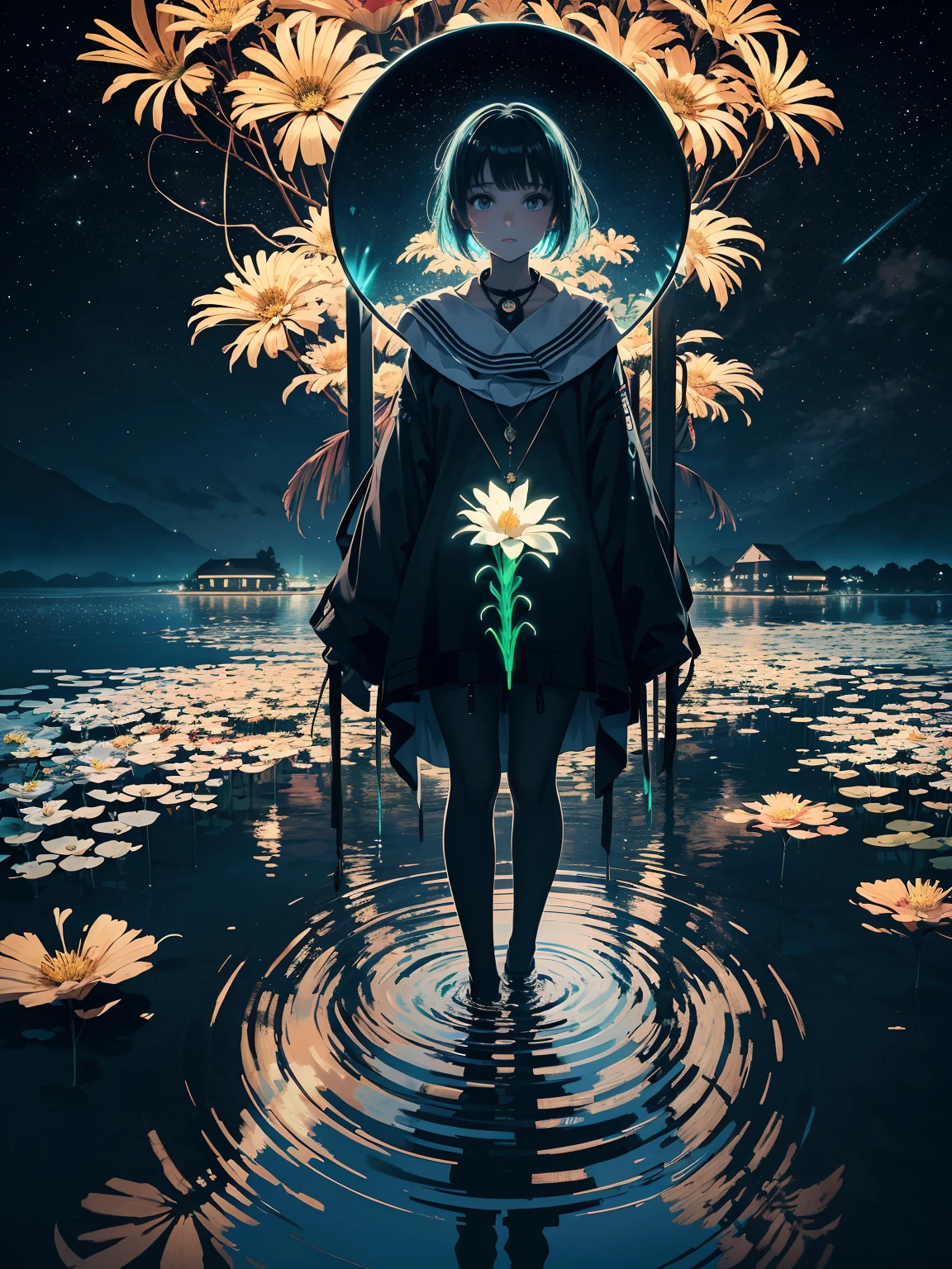 1girl, solo, masterpiece, highest quality, 8K, standing on water, reflective surface, worry free, (poster:0.76), (palm leaves), (rural village), glitter art style, white flowers, (neon black glow:1.2), night, dark theme, starry sky, (bioluminescence), ethereal, truth, 13