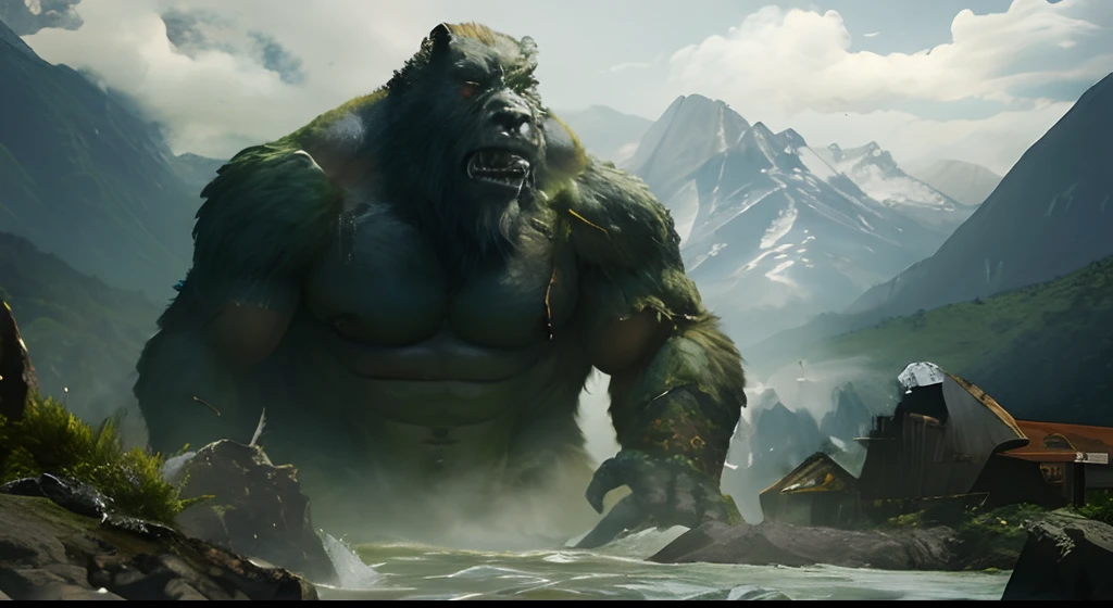 um monstro gigante no meio de um rio cercado por montanhas, Wojtek FUS, Sasquatch deslumbrante, Excessivo, montanha gigante imponente, arte fantasia behance, Orc, Um Orc, big titan creature in the center, Directed by: Darryl Zabrocki, Directed by: Raimundo Han, inspirado em Ryan Barger, arte do jogo pintura fosca, Directed by: Ryan Barger