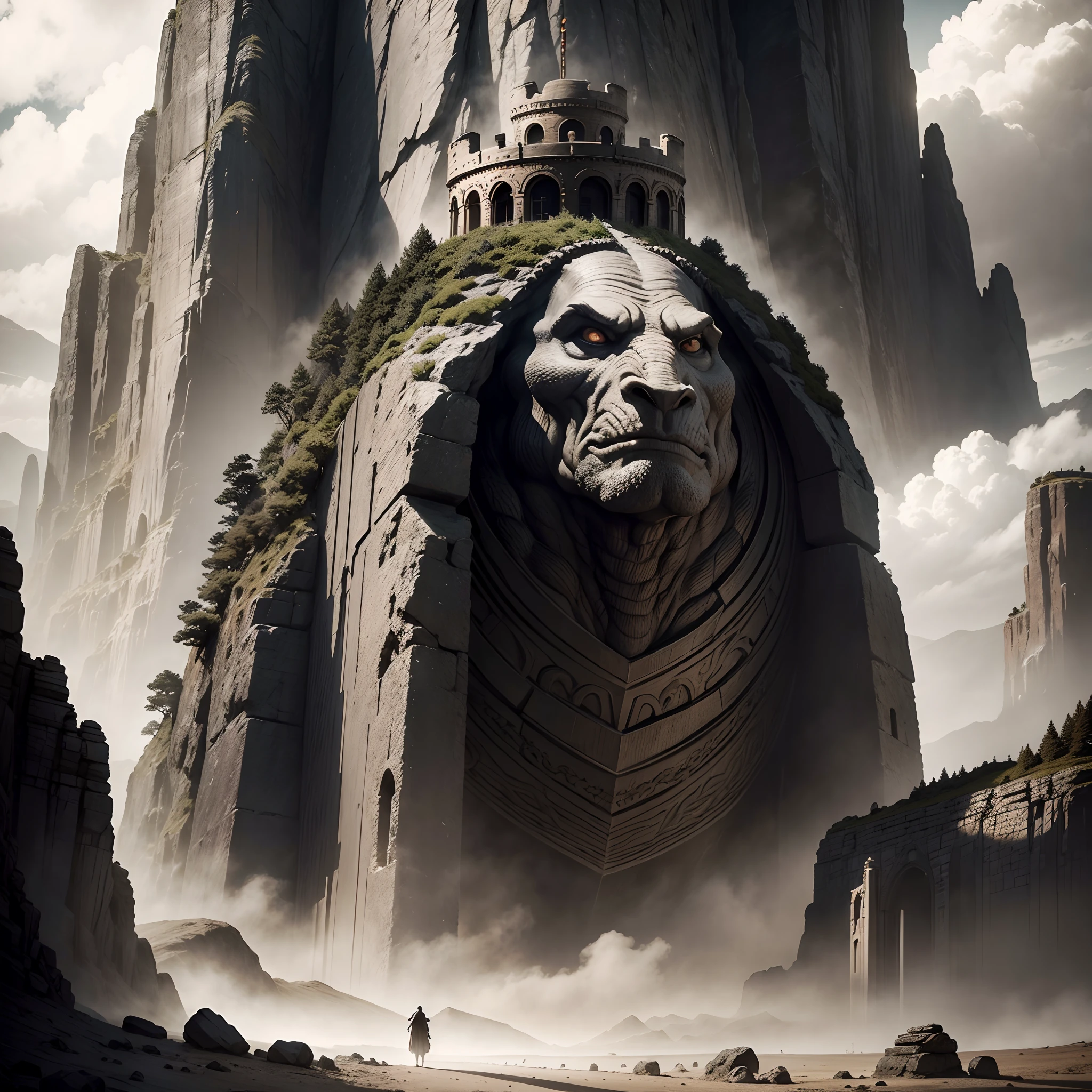Create a captivating analog-style cinematic scene depicting a huge, ancient rock giant carrying a majestic castle on its back. Emulate the aesthetic of vintage film with grainy textures and muted tones. Highlights include the intricate details of the rock texture and the imposing presence of the castle, all captured on classic film. Artists: Akira Kurosawa (for cinematic framing), Ray Harryhausen (for creature design)