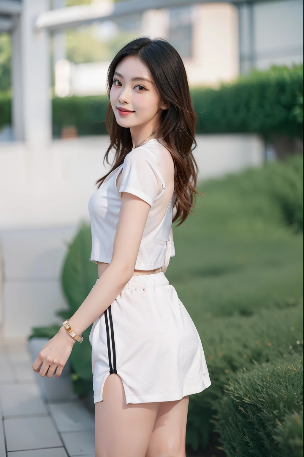 a woman in a short skirt and a crop top posing for a picture, skinny waist and thick hips, thin waist, side profile waist up portrait, wearing a sexy cropped top, slim waist, gorgeous young korean woman, a young asian woman, wearing crop top, wearing a cropped tops, anime thai girl, photo of slim girl model, thin-waist, Best picture quality, masterpiece, ultra high resolution, 8k, cleavage, big boobs, bust detail, hair detail, eye detail, sharp eyes, thin smile, professional lighting