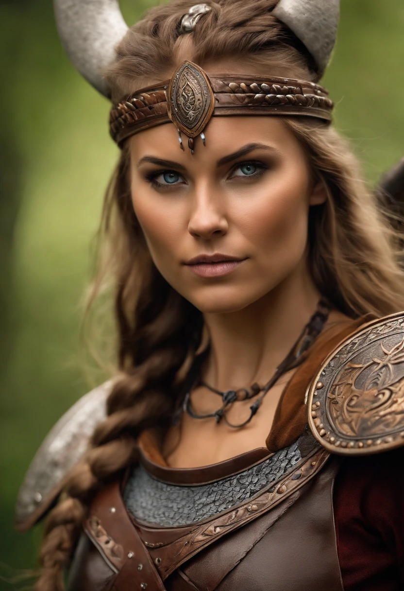 A realistic female Viking warrior, athletic, fuerce