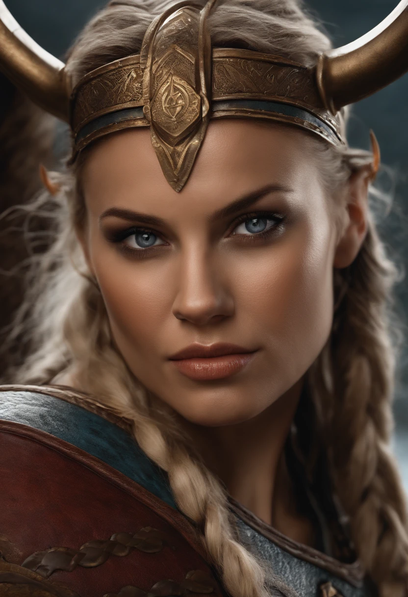 A realistic female Viking warrior, athletic, fuerce