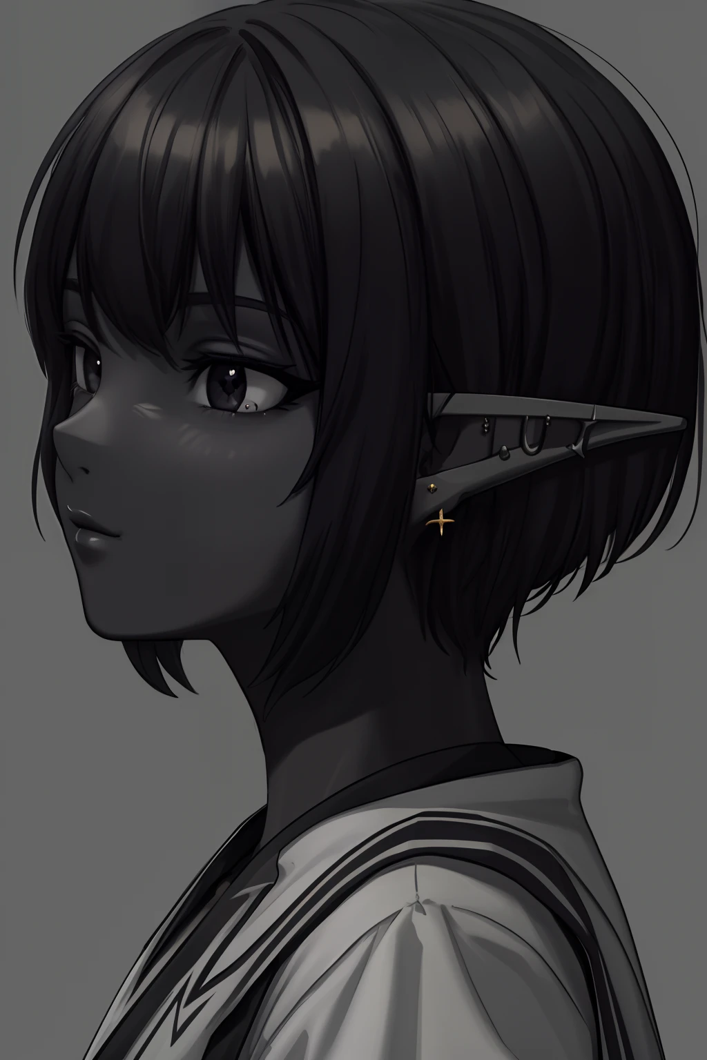 Masterpiece, high quality, (black skin tone:1.5), elf, fit, beautiful elf, sexy elf, female, portrait, piercings, virgin, black eyes, princess, Aesthetic, pixie cut, sunny day, CG shading, Unreal engine 5, Detailed, intricate