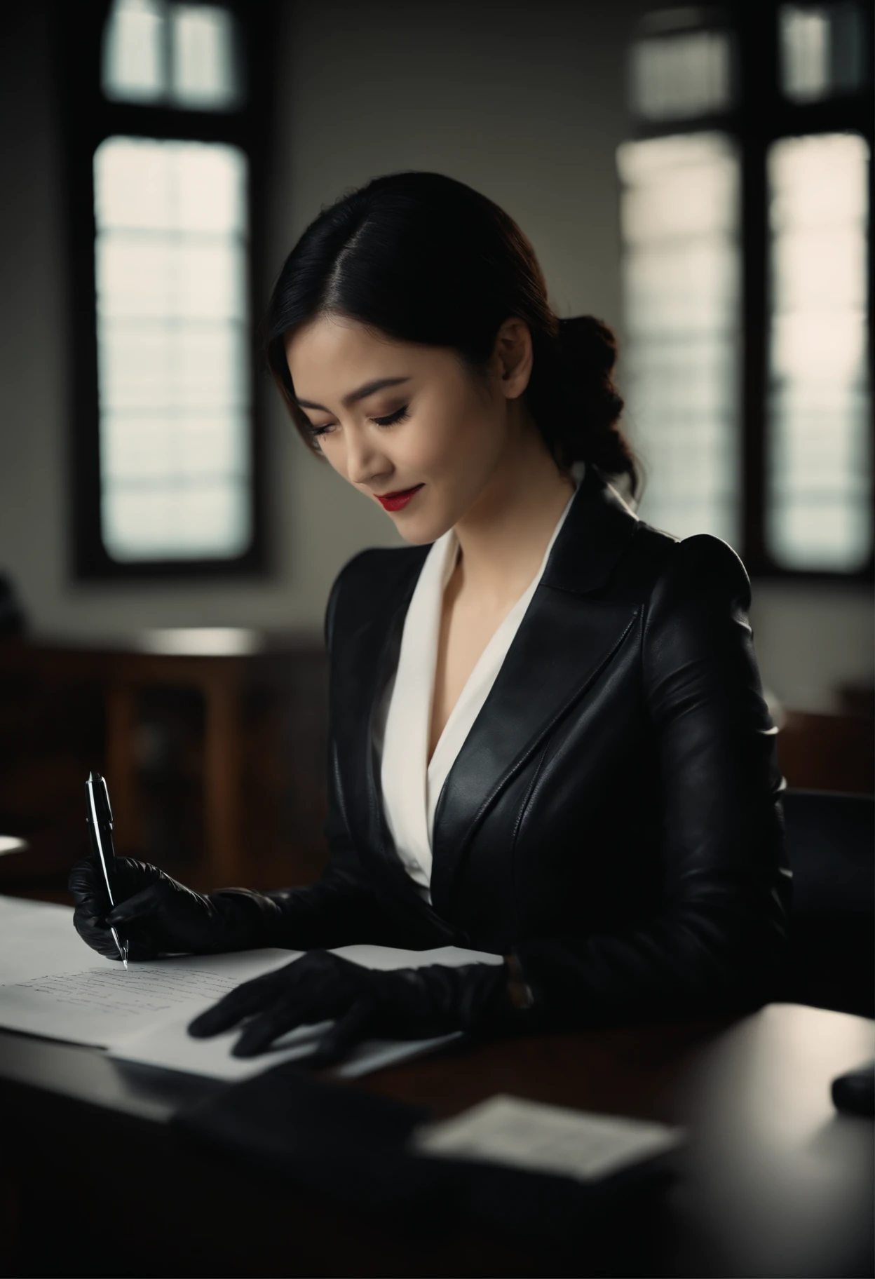 Wearing black leather gloves on both hands, Upper body, Black business suit, Facing a desk in a modern study in the dark, Look down and smile, Use a fountain pen to write a letter, long, Straight black hair, Young japanese lady (Black leather gloves cover both hands)