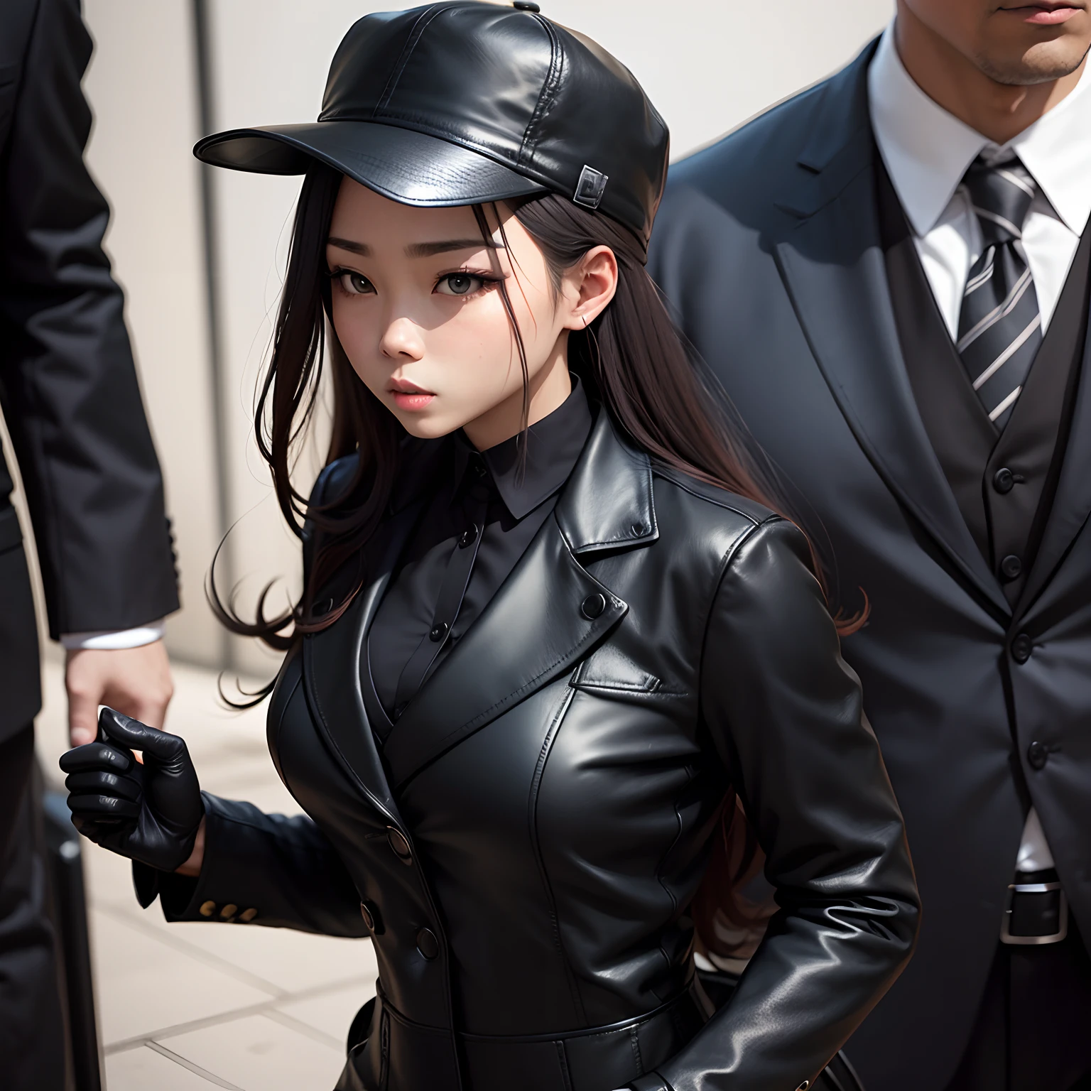 The shirt is also black、Black man wearing three-piece suit、Japan woman in black leather gloves