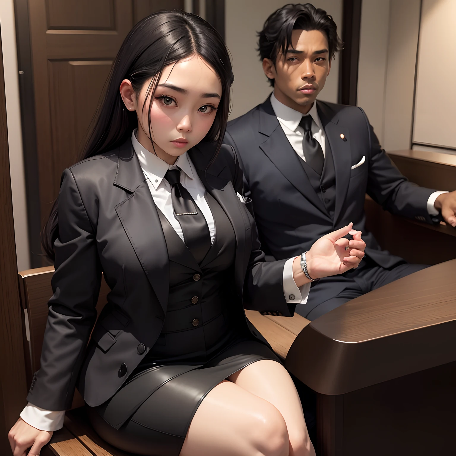 highest quality、High resolution、Super detailed、masterpiece、(Live shooting:1.5)、genuine:1.5、photogenuineistic:1.5、very delicate and beautiful、small details、(A young office lady wearing an office lady suit)、(A middle-aged man wearing a suit:1.8)、(super beautiful)、(beautiful face:1.7)、clear pubic bone outline,(Spread her legs:1.5)、(shibari:1.4)、(Jacket)、(mini skirt:1.5)、(white panties are visible from under the skirt:1.4)、(expression of ecstasy:1.5)、(sweating:1.2)、office chair、(office window side)、(At SFW:1.5)、(At night:1.5)