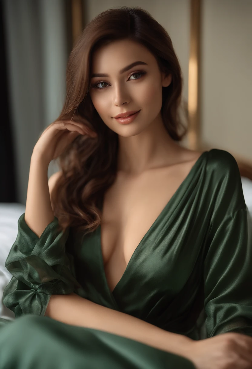 masterpiece, 1 girl per 1 photo, Full body shot, directly front view, a Eastern European mixed Japanese woman, sitting alone on a bed in a hotel, glamorous figure, wearing sexy see through,dark green, sheer lingerie, A big smile, hyper cute face, Glossy lips, Sweaty body, double eyelids in both eyes, Natural makeup, shiny smooth light brown hair of long bob hair, Asymmetrical bangs, tanny skin, central image, 8K resolution, High detail, detailed hairstyle, Detailed face, spectacular cinematic lighting, Octane Rendering, Vibrant, ultra-Realstic, Perfect limbs, Perfect Anatomy, cleavage teasing,sheer/semi transparent negligee