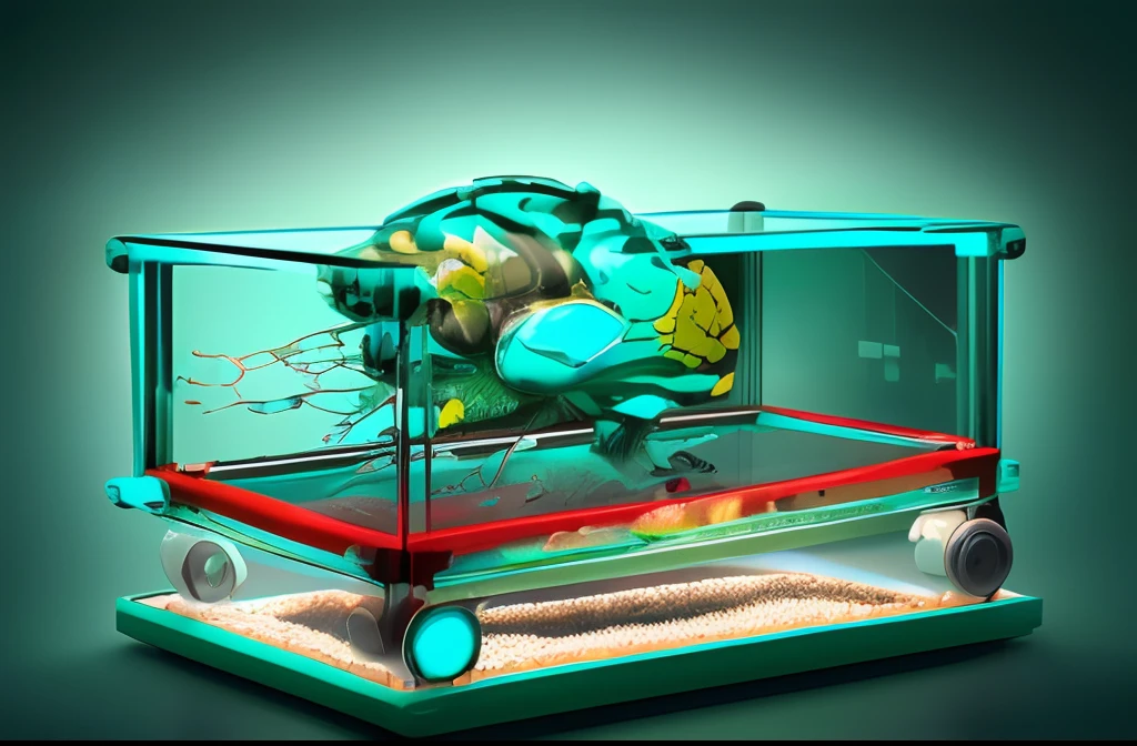 4k , brain in a fishtank, sleek design, cybernetic (( turquoise green and red color harmony))