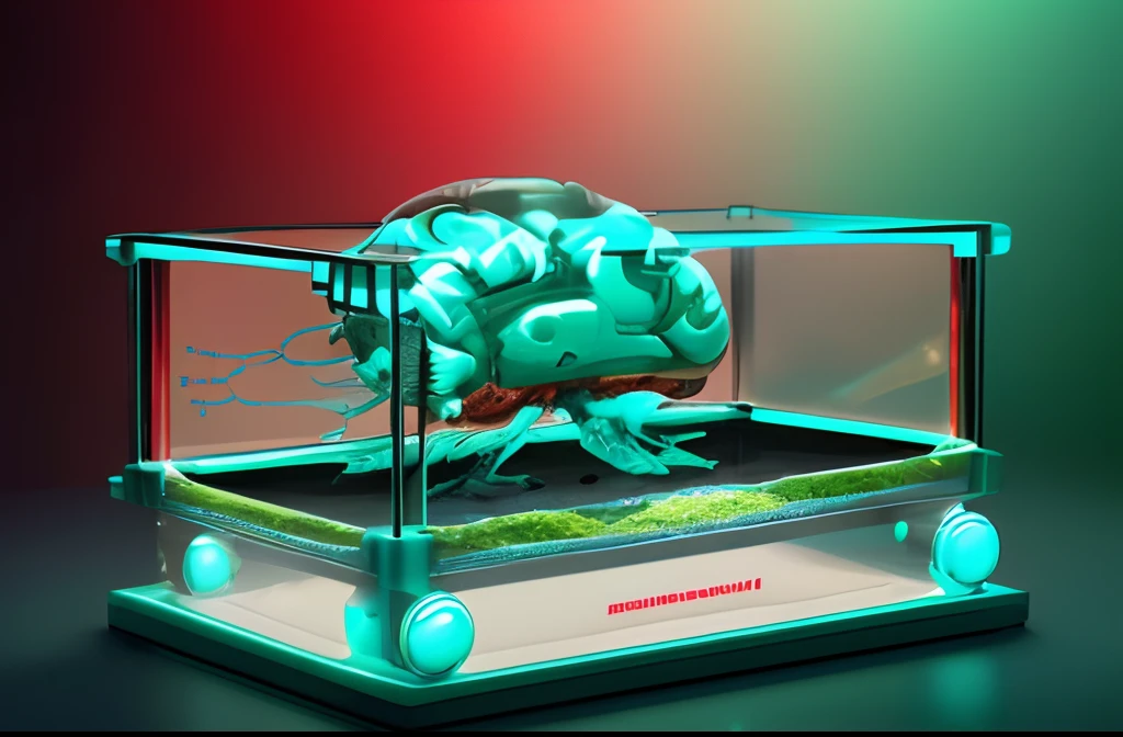 4k , brain in a fishtank, sleek design, cybernetic (( turquoise green and red color harmony))