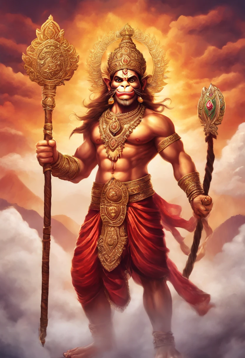 Lord Hanuman, Hindu God, Monkey God, High Detailed, Masterpiece, Flying on the Sky, breathtaking background, Detailed Face, Holding a Mace on his hand