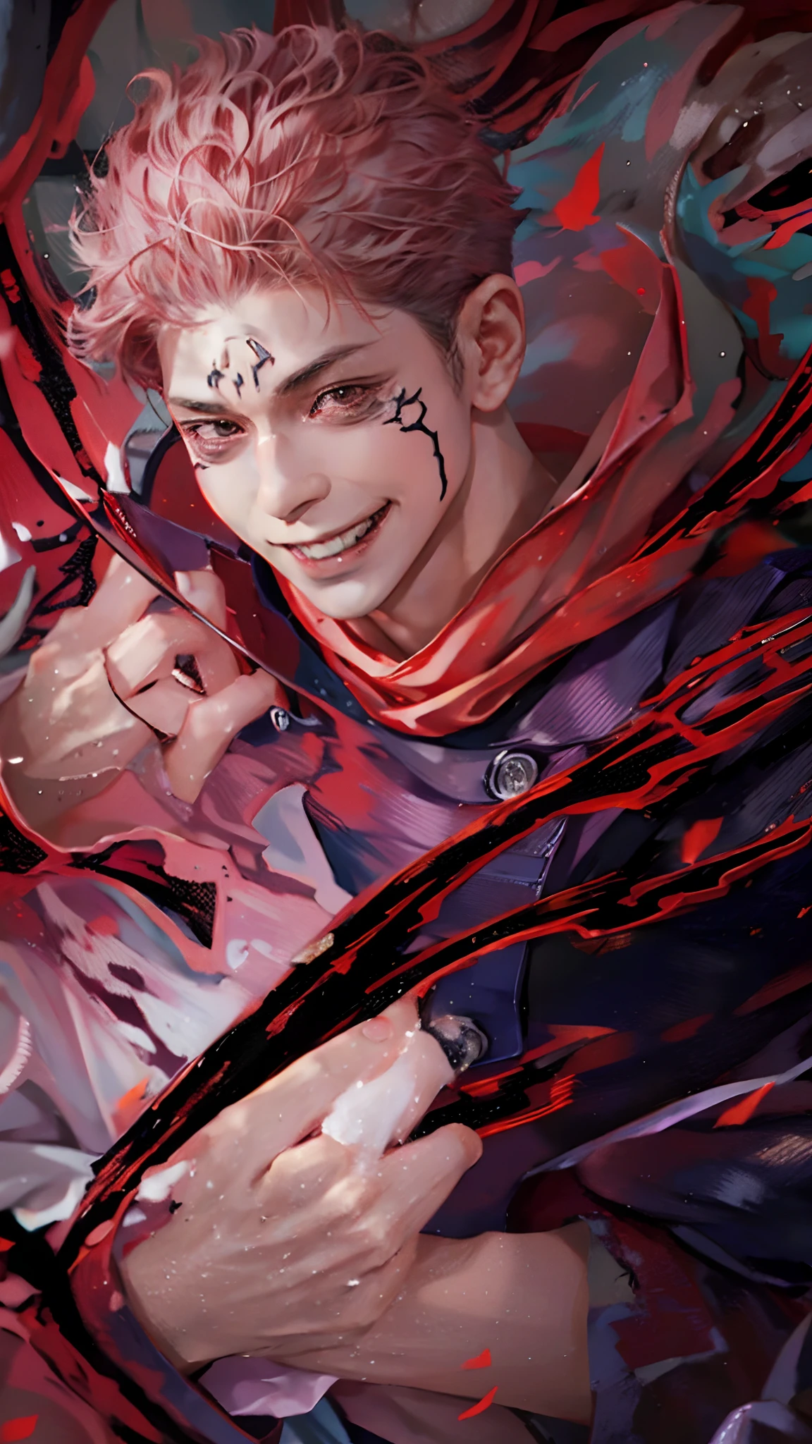1man, itadori yu in anime jujutsu kaisen, short hair , red hair, brown light eyes, handsome, smile, purple clothes, realistic clothes, detail clothes, city background, ultra detail, realistic
