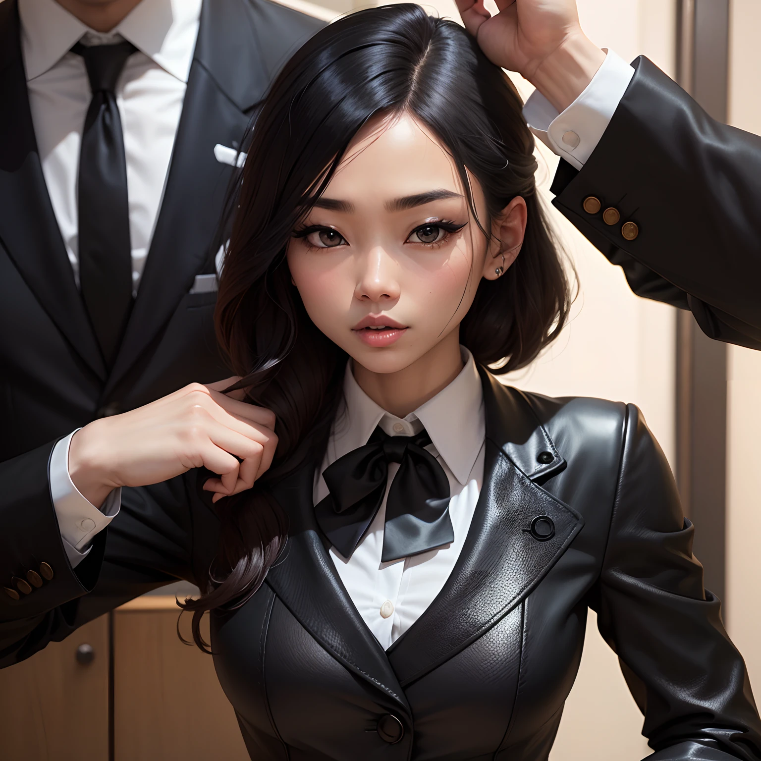 The shirt is also black、Black man wearing three-piece suit、Japan woman in black leather gloves