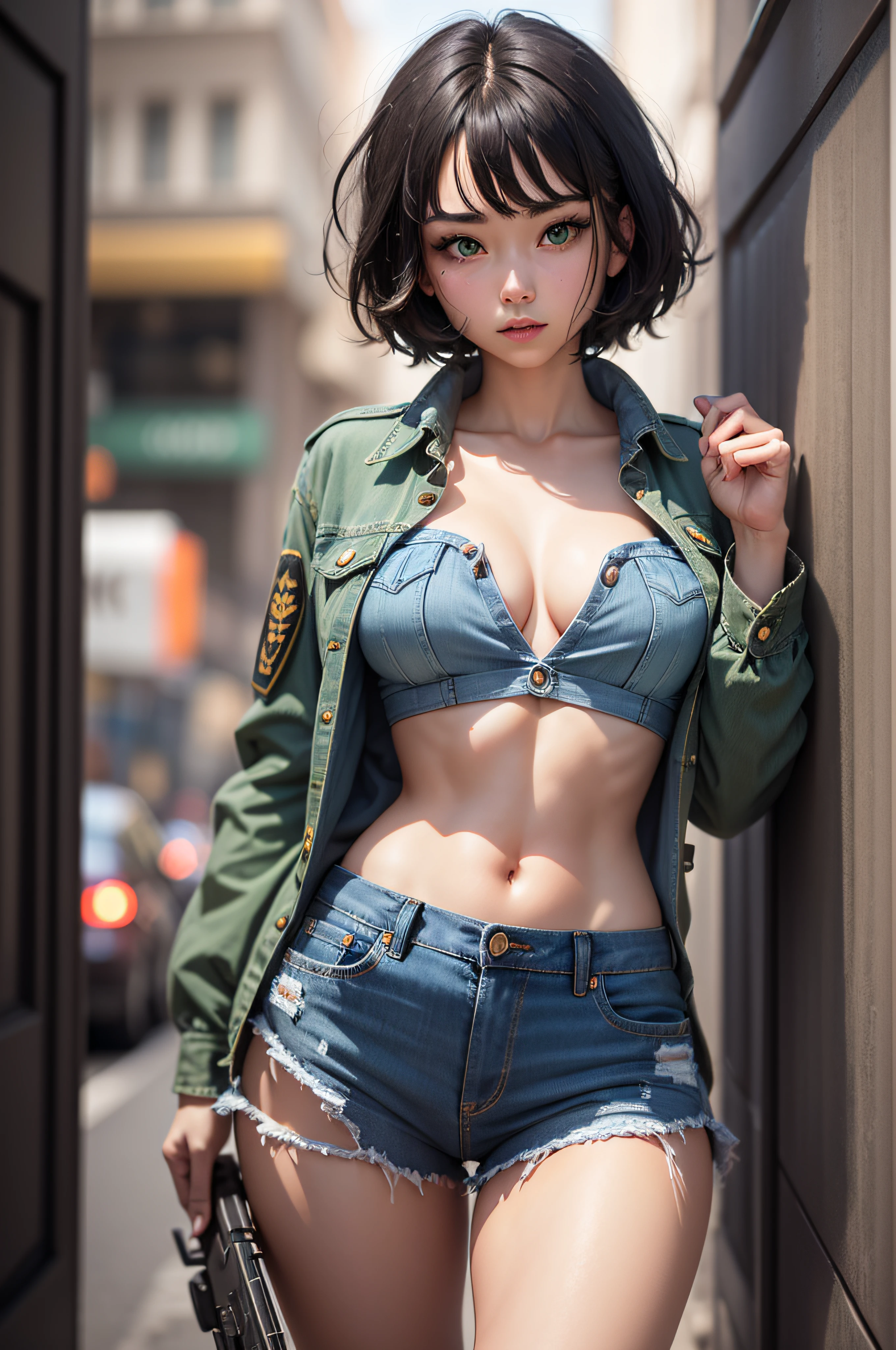 1 girl, short black hair, green eyes, machine gun in her leeft hand, denim short and an open shirt, high res, ultrasharp, 8k, masteerpiece, looking at vieewer