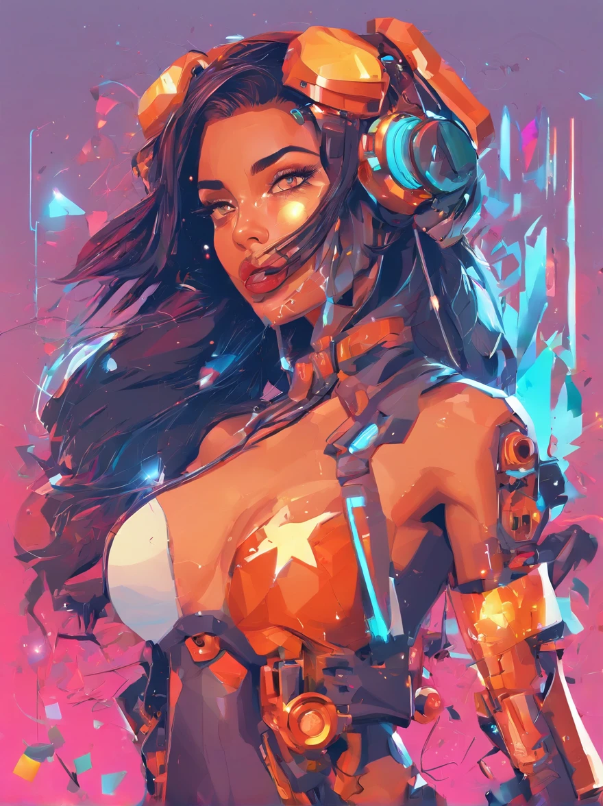 graphic design t-shirt, flat design, futuristic cyberpunk girl in mix of tones, sexy body, topless, flashing tits, small tits, metal skin, out, laser beams, colorful tones, clean highly detailed, vector image, smoke explosion, simple background, flat white background, bright vector ((white background) )