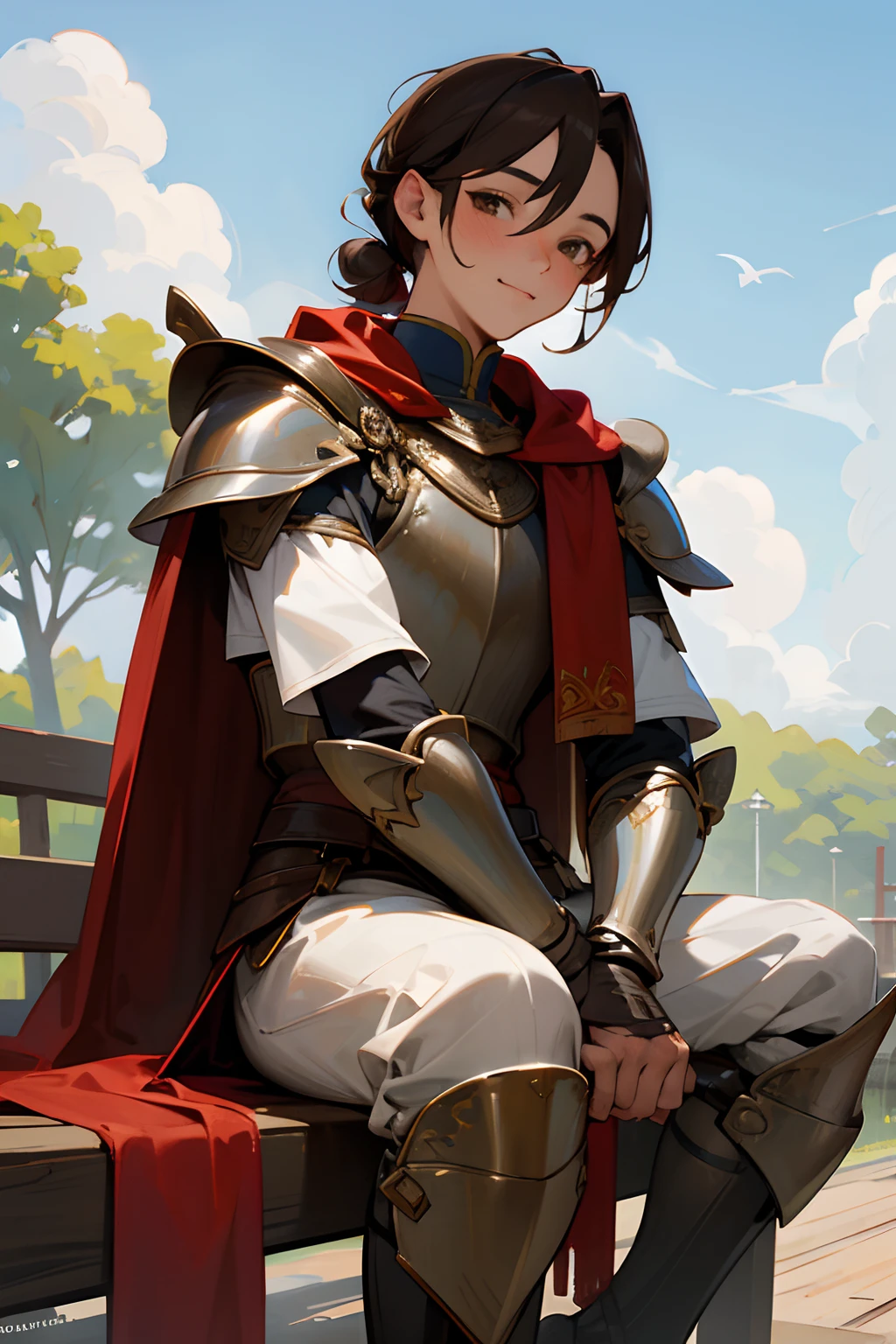 Masterpiece, ultra-high quality, very detailed, trending on ArtStation, 1man, (effeminate), long hair, (brown hair), ((chignon haircut)), looking at viewer, (head tilted slightly upwards), extremely detailed eyes, (brown eyes), blushing slightly, smiling, detailed nose, wearing cape, (red cape), silver full heavy plate armor, actor sitting on a wooden bench, (long sword resting on wooden bench), town square on background, trees on background, blue sky on background, white clouds on background, birds in the distance, sunny ambiance, ambiance light